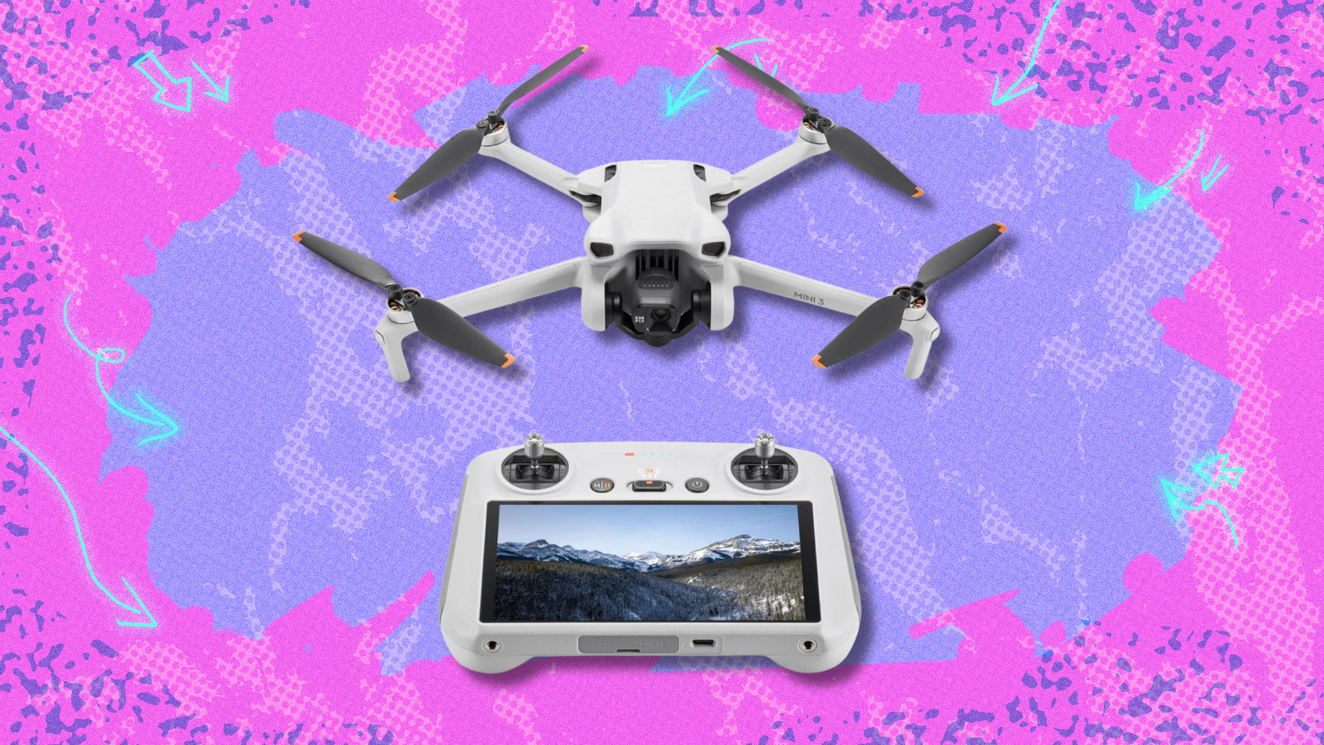 DJI Mini 3 on pink and purple abstract background