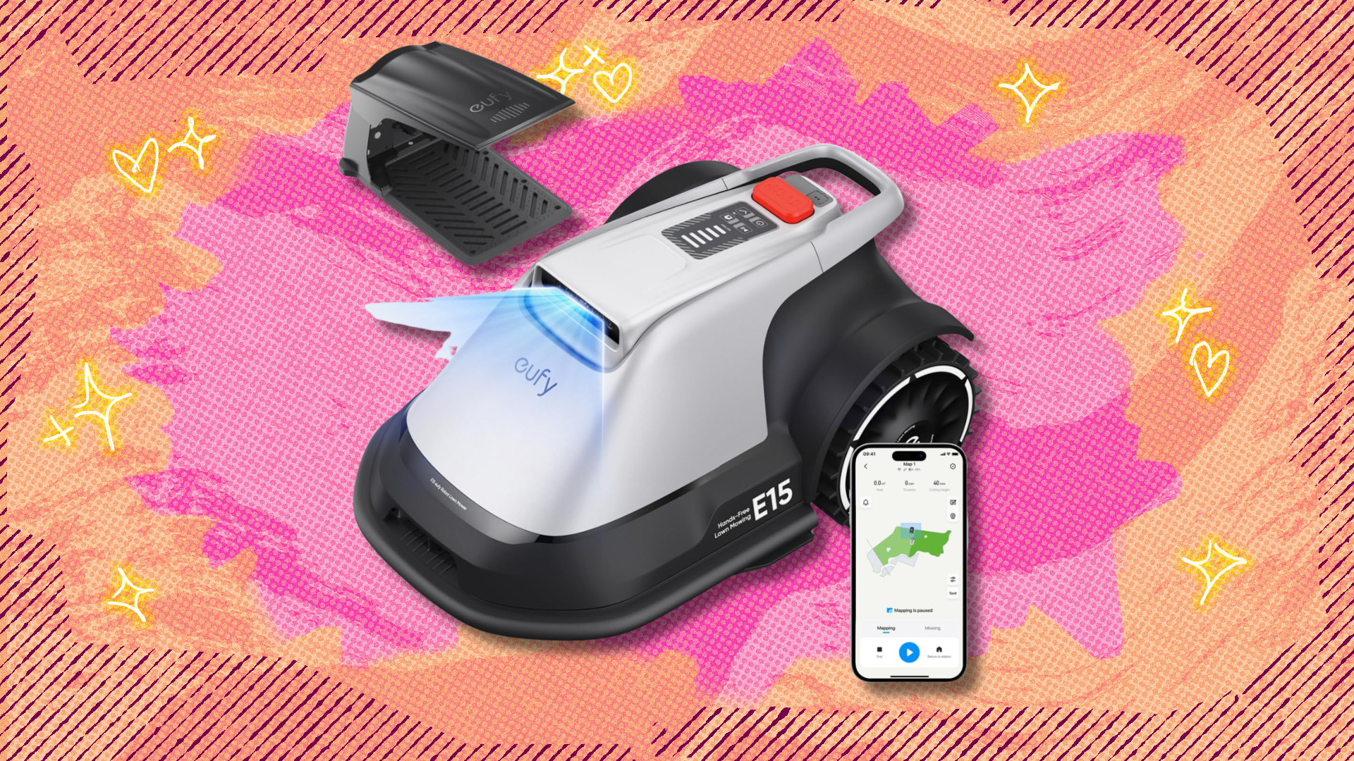 Eufy Robot Lawn Mower E15 on orange and pink abstract background