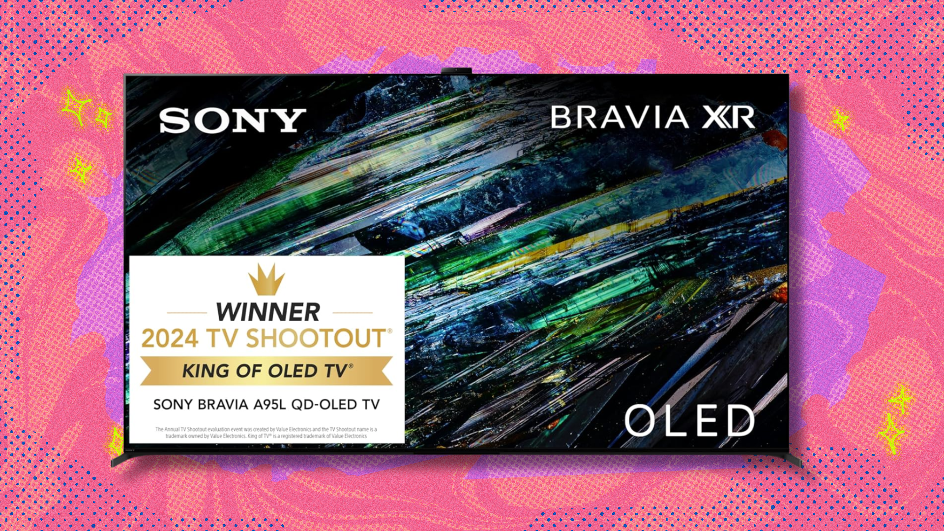Sony Bravia XR A95L TV on purple and red abstract background