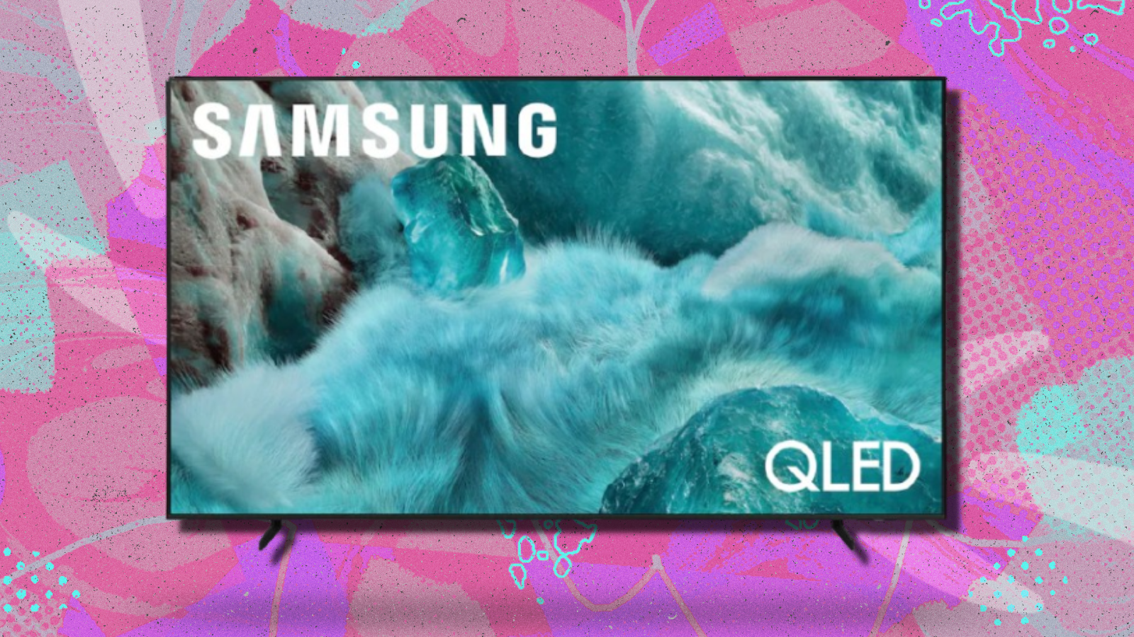 Samsung Q7F TV with pink and blue abstract background