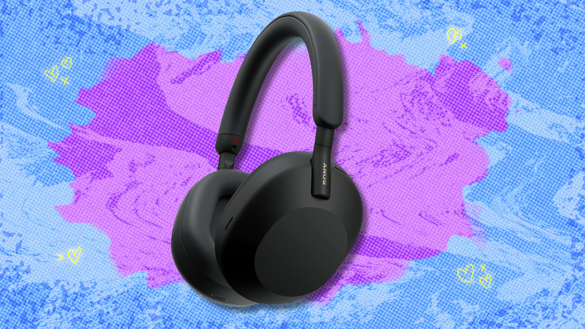Sony XM5 headphones on purple and blue abstract background