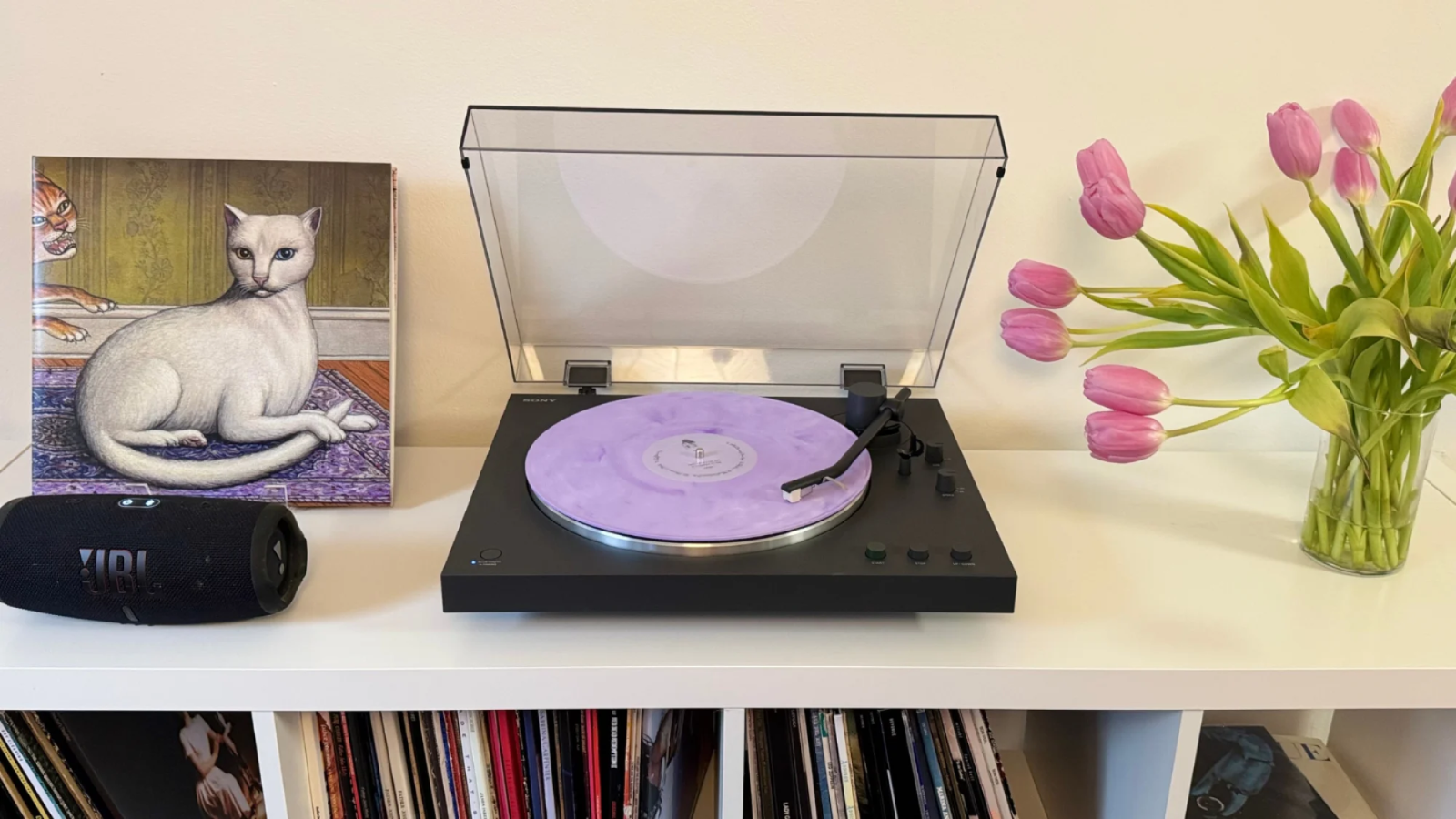the sony PS-LX3BT turntable on a console table