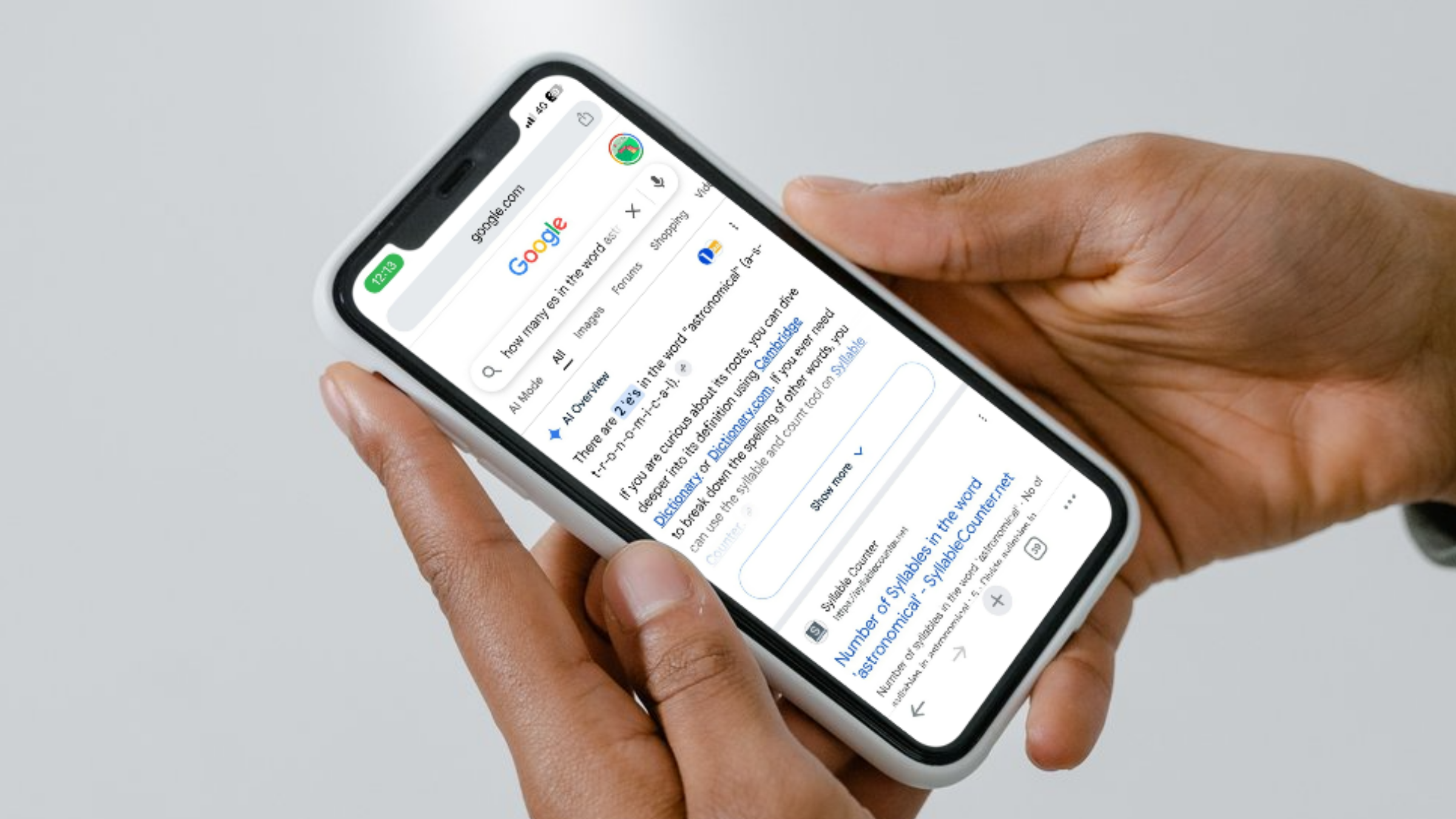 A phone shows AI Overviews getting a spelling question wrong.