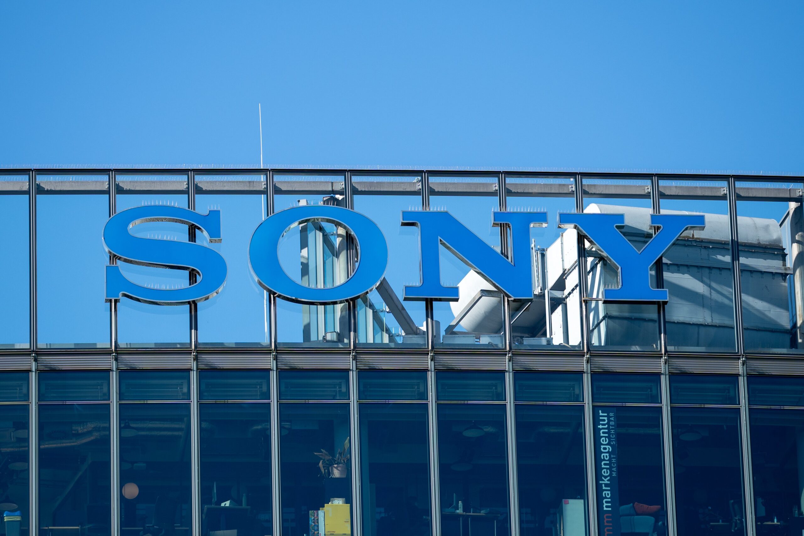 The Sony logo is seen on a company building