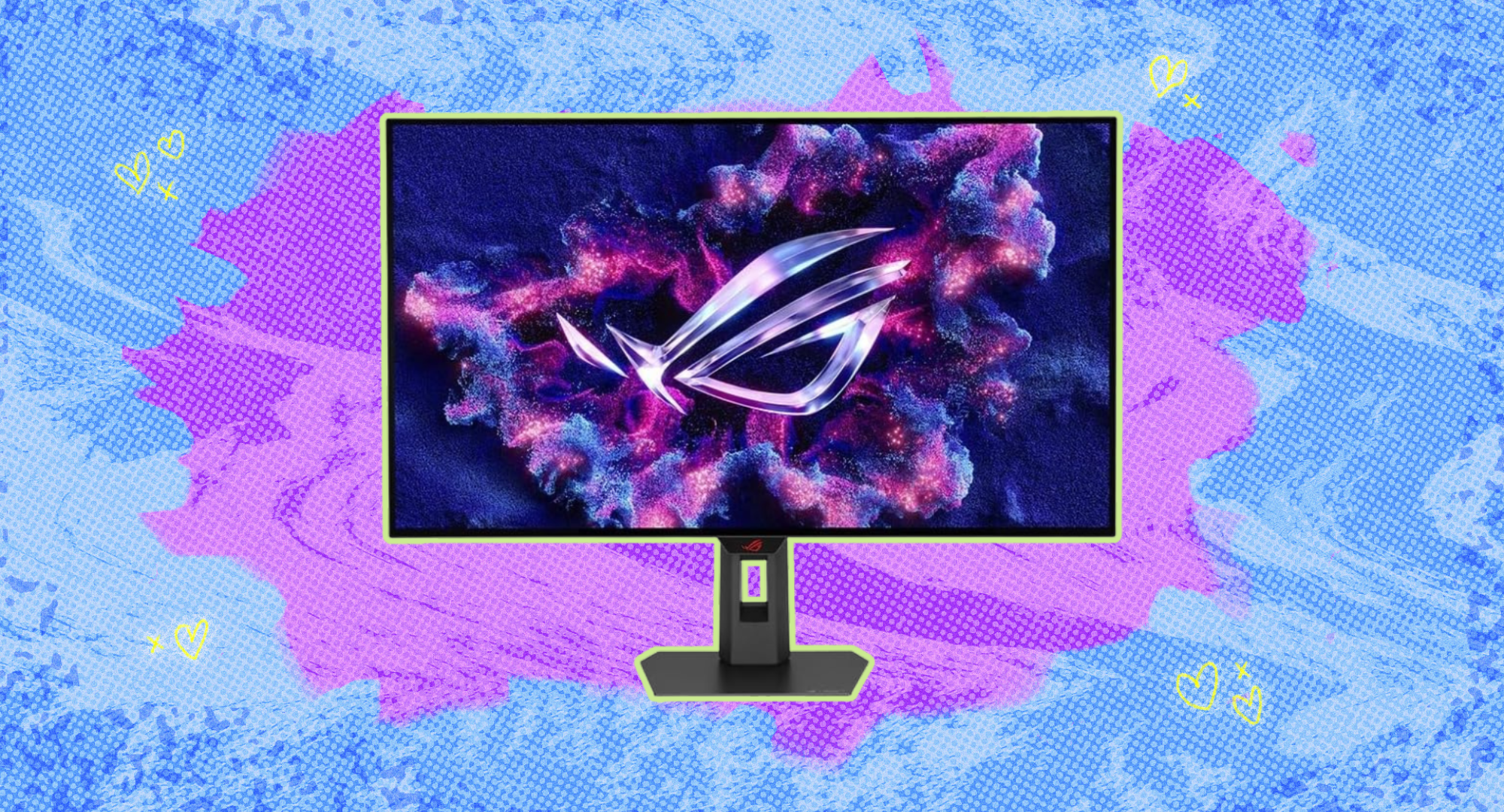 The ASUS ROG gaming monitor against a purple and blue background. 