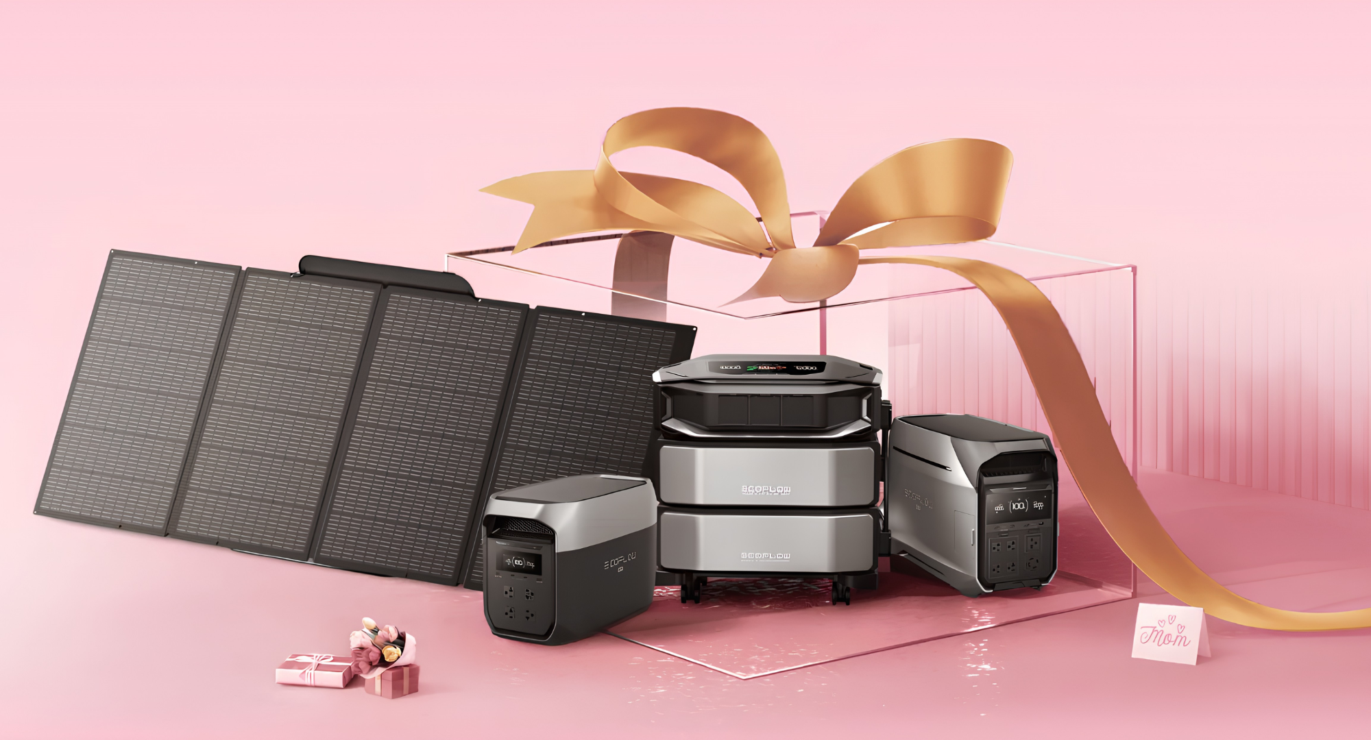 EchoFlow products sitting against a pink background. 