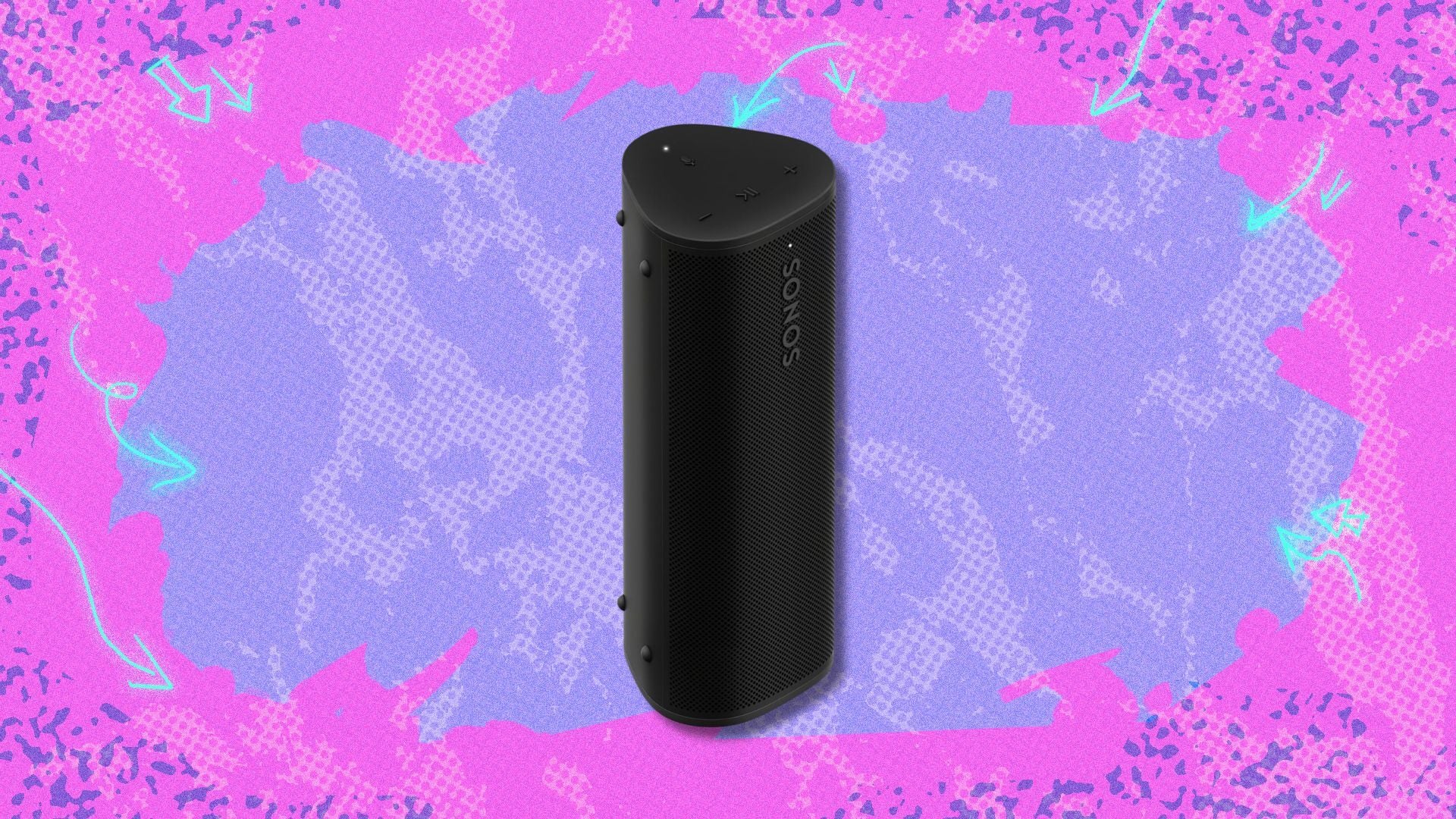 sonos roam 2 speaker against a pink and purple patterned background