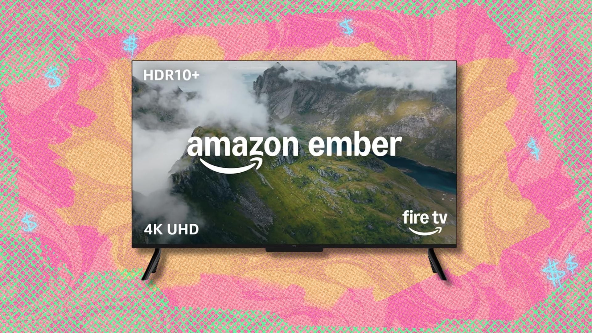 amazon ember 50-inch 4-series tv against a yellow, pink, and green patterned background