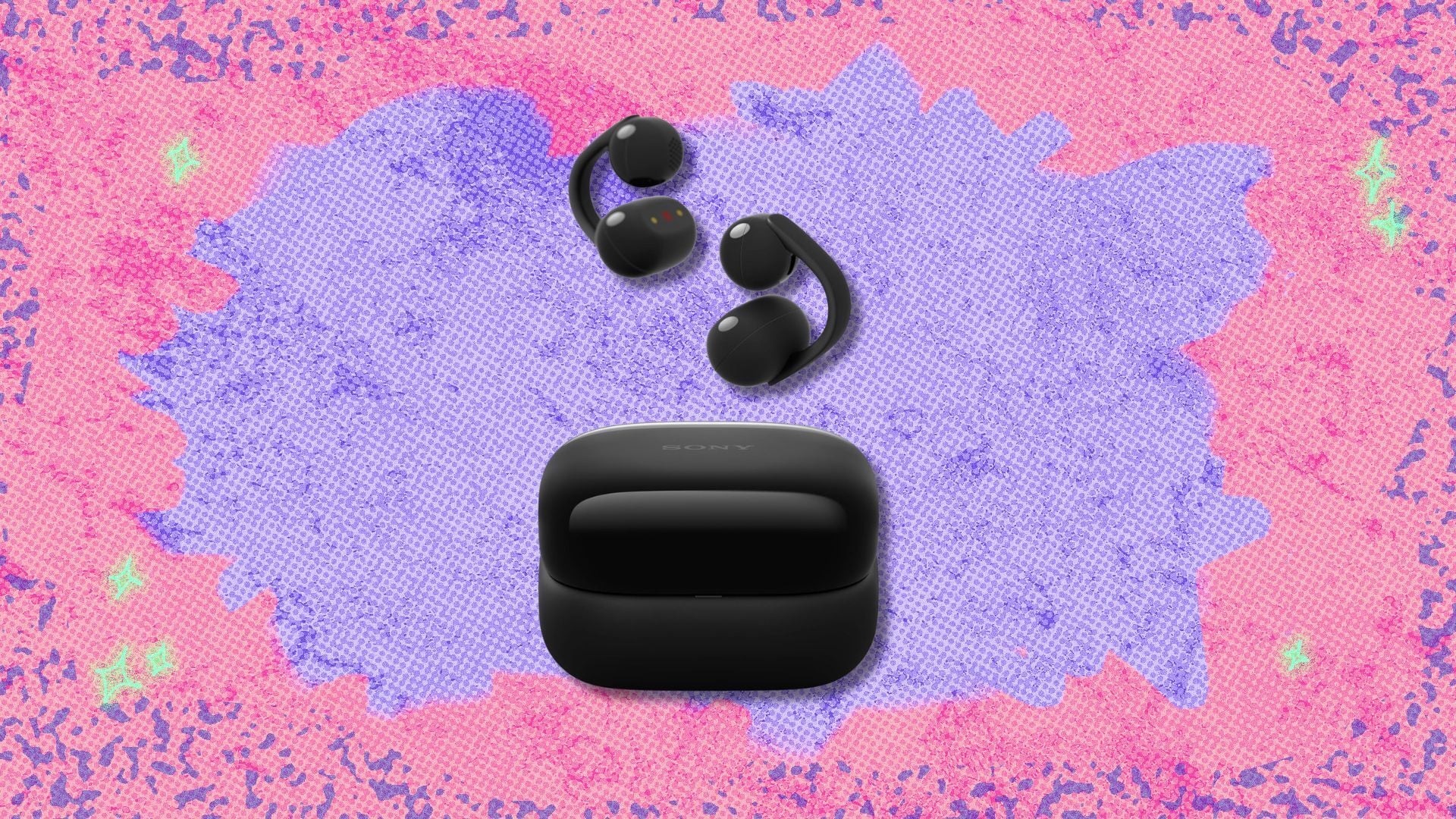 sony linkbuds clip open-ear earbuds against a pink and purple patterned background