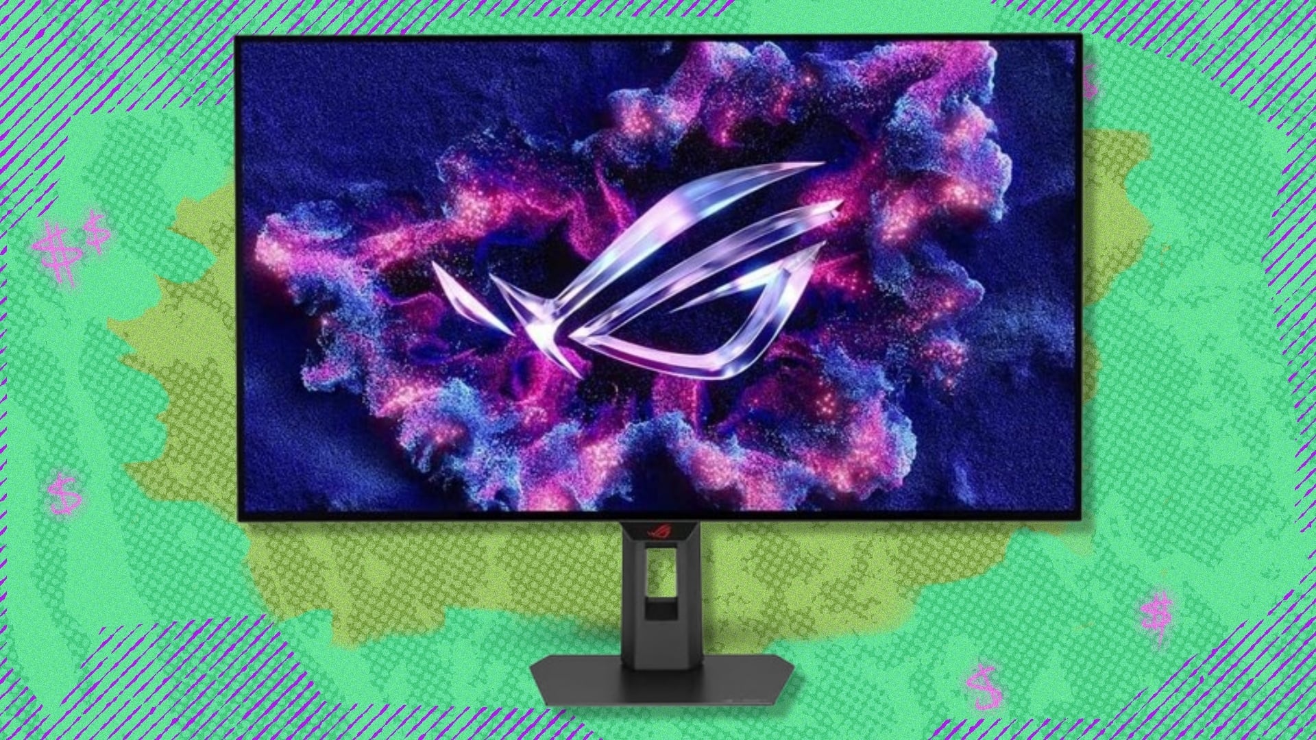 The ASUS ROG Strix 32-inch 4K OLED Gaming Monitor (XG32UCWMG) on a purple and green background