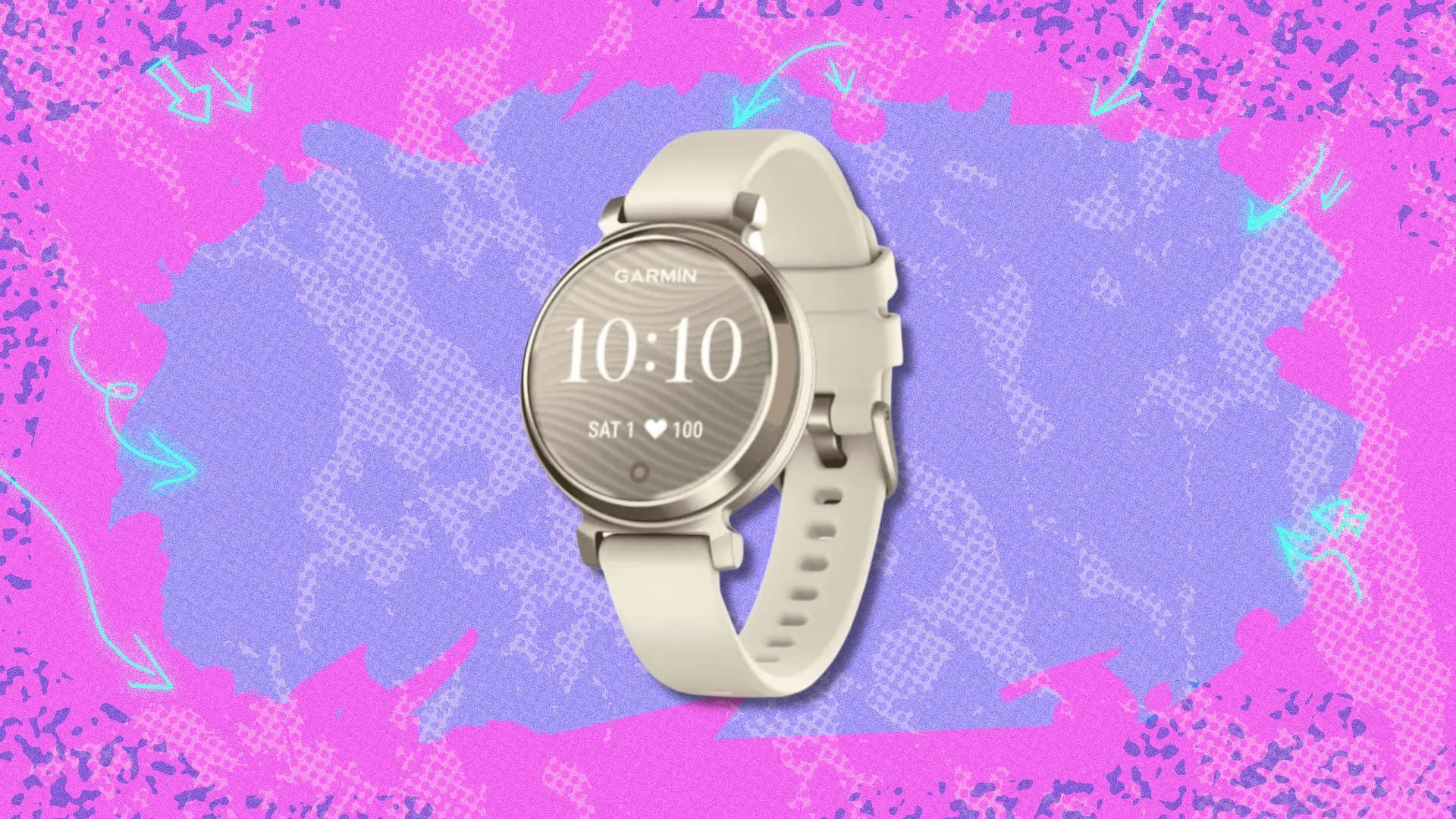 garmin lily 2 against a purple and pink patterned background