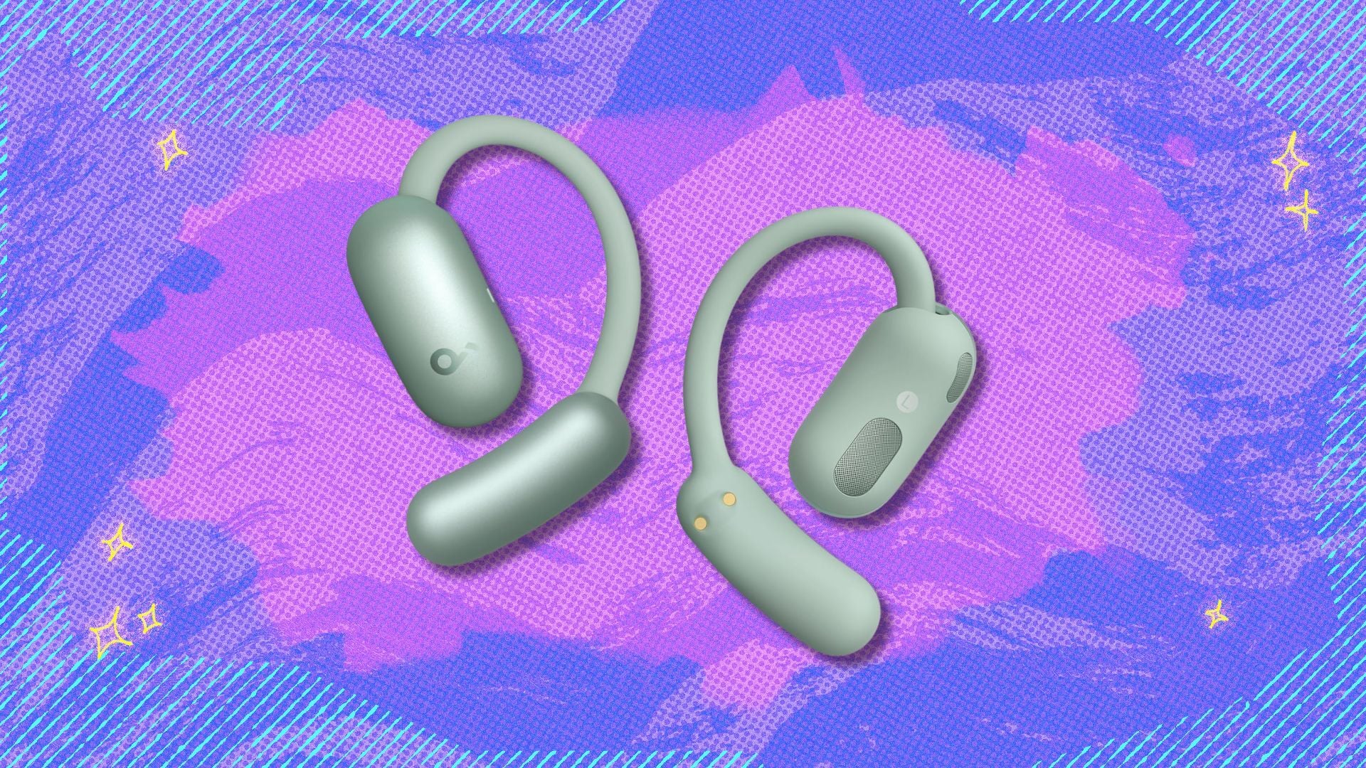 soundcore aerofit 2 by anker open-ear earbuds against a purple patterned background