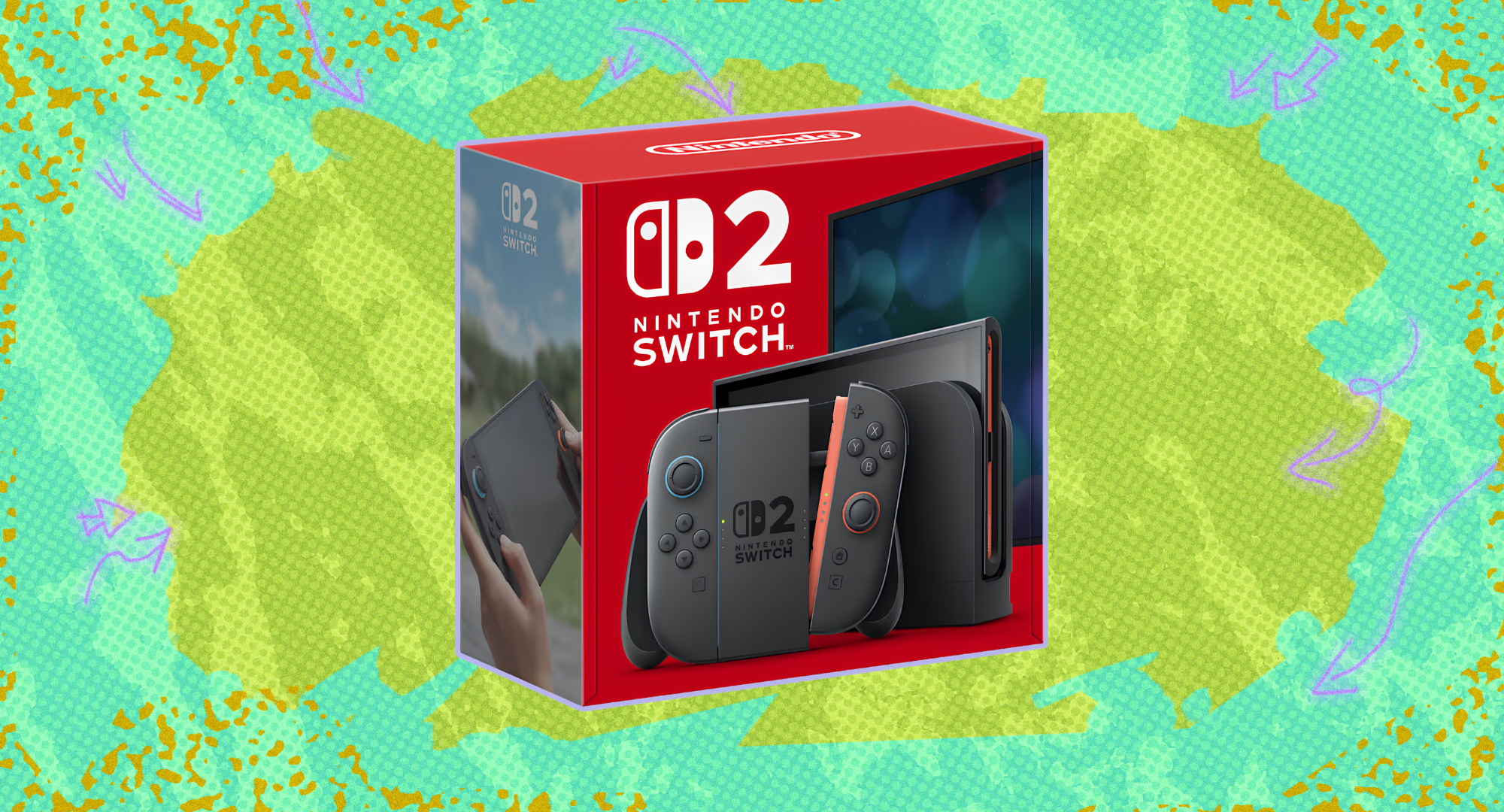 An Nintendo Switch 2 package against a colorful background. 