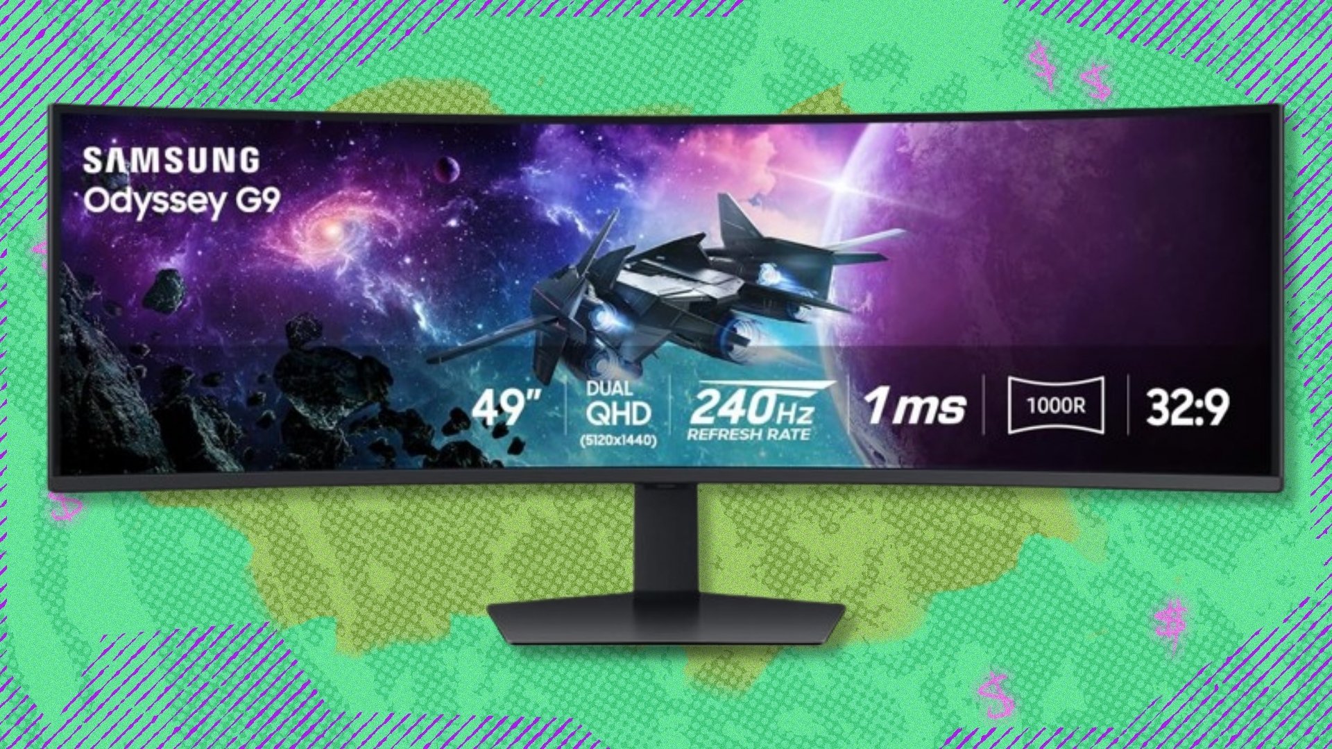 The Samsung 49-Inch Odyssey G9 (G95C) DQHD Gaming Monitor on a green and purple background