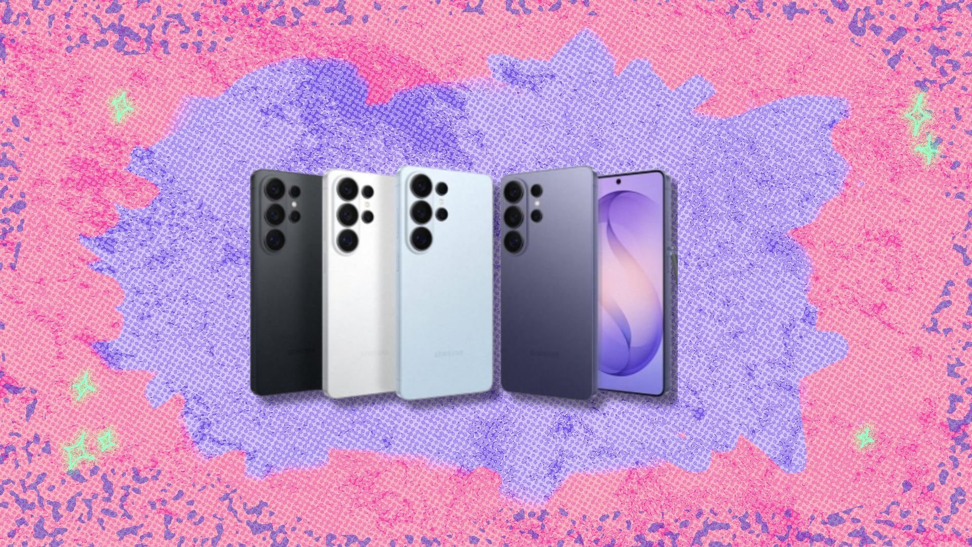 the Samsung Galaxy S26 phone in a row on a pink and purple background