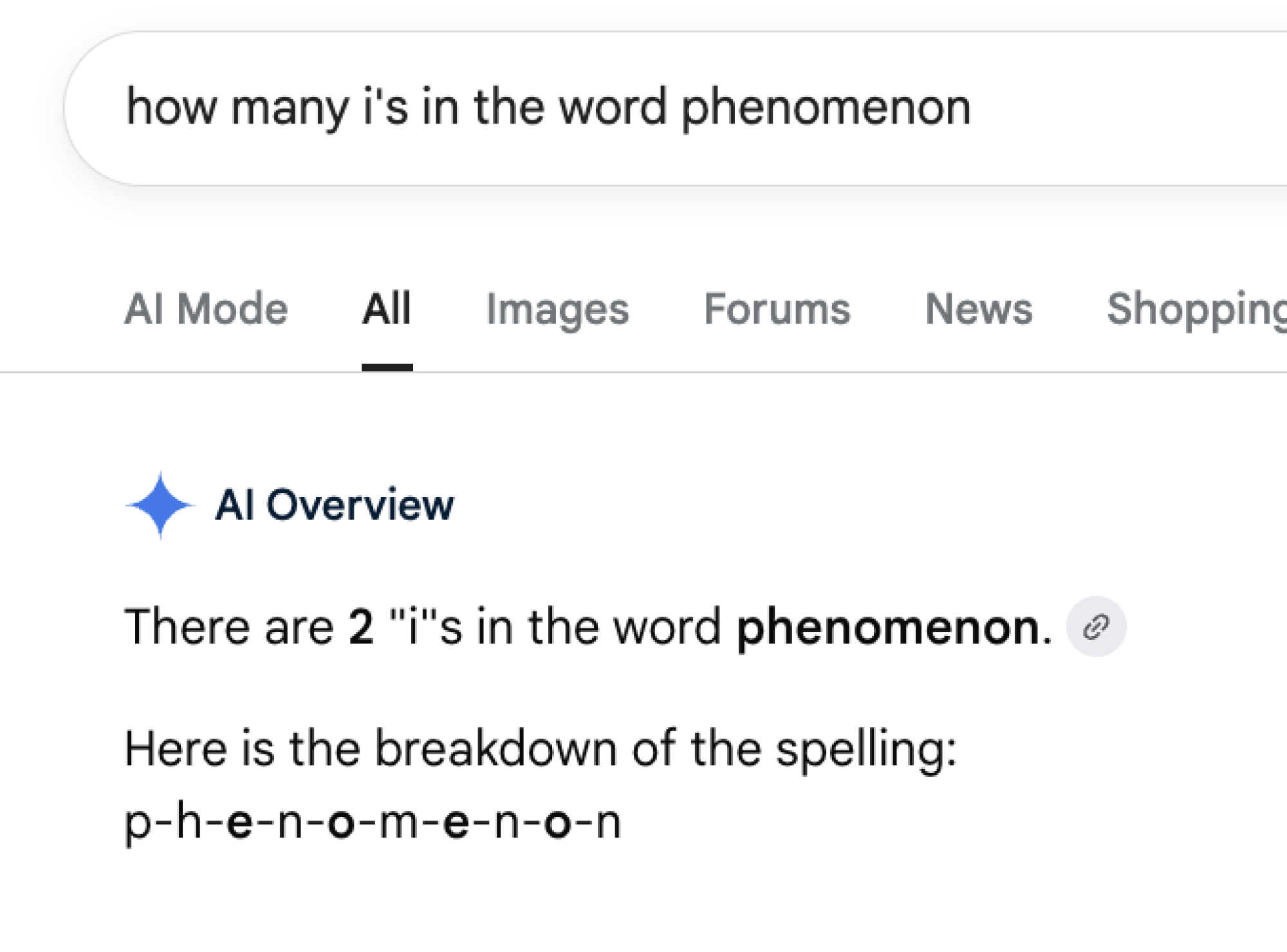 A screenshot of Google AI overviews giving the wrong answer to a spelling question.