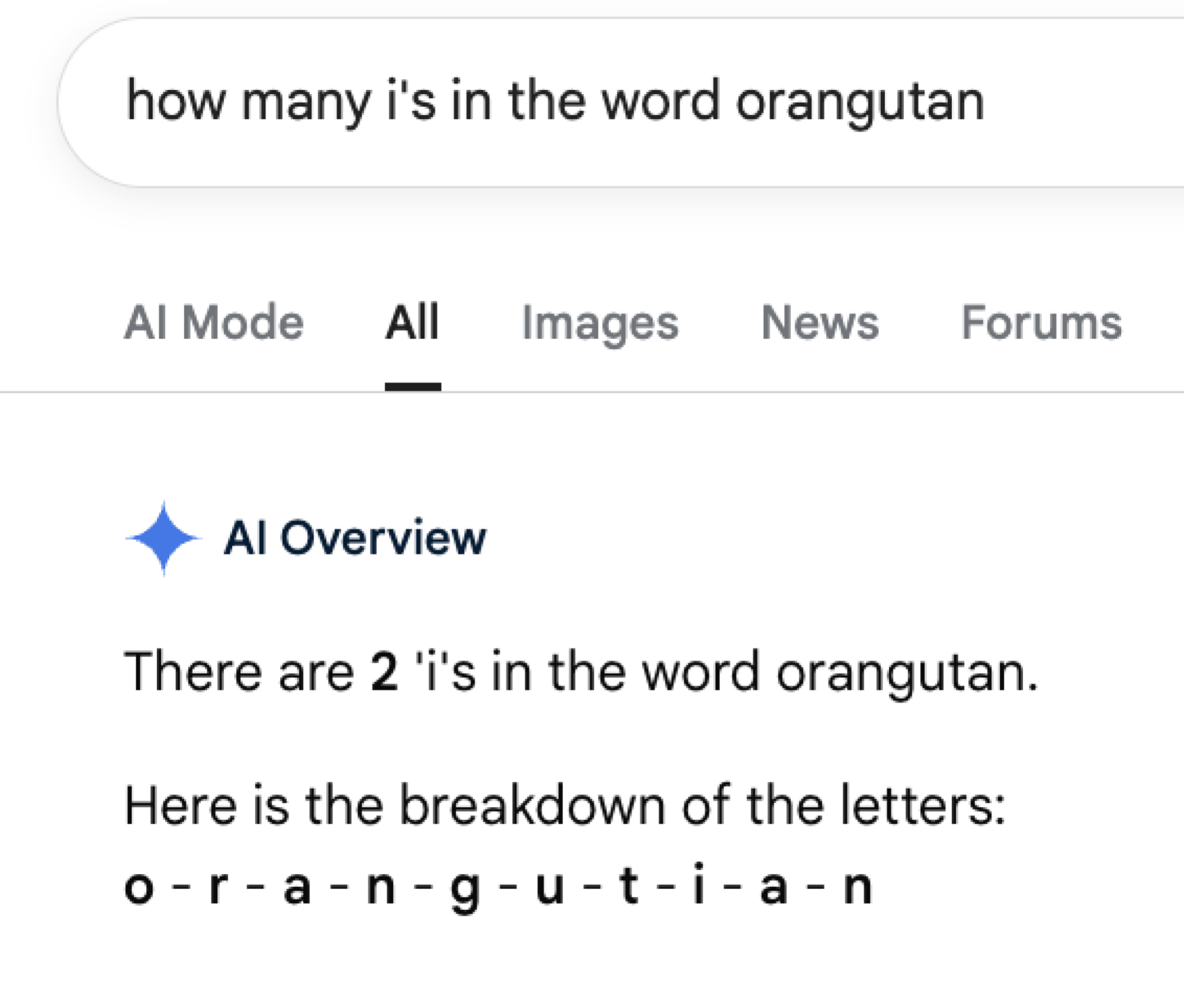 A screenshot of Google AI overviews giving the wrong answer to a spelling question.
