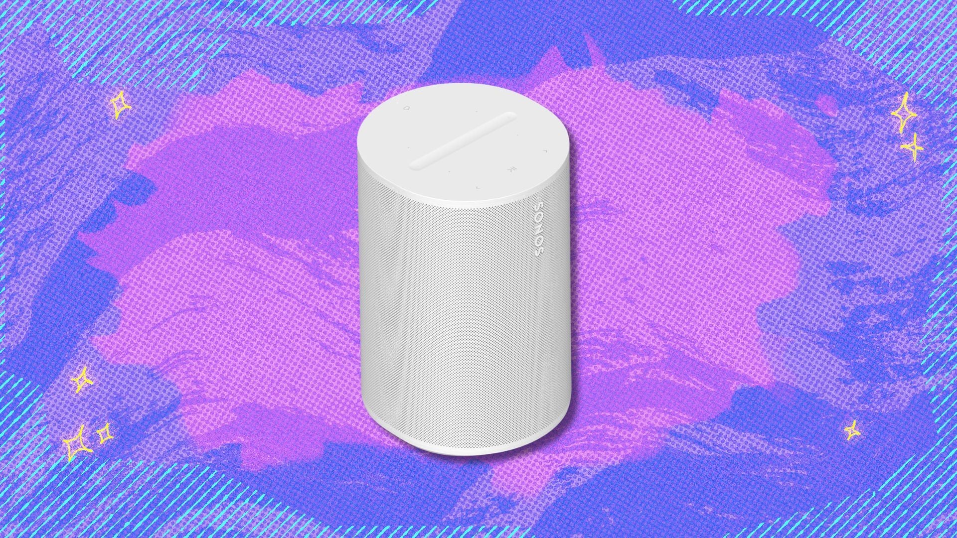 sonos era 100 speaker against a purple patterned background