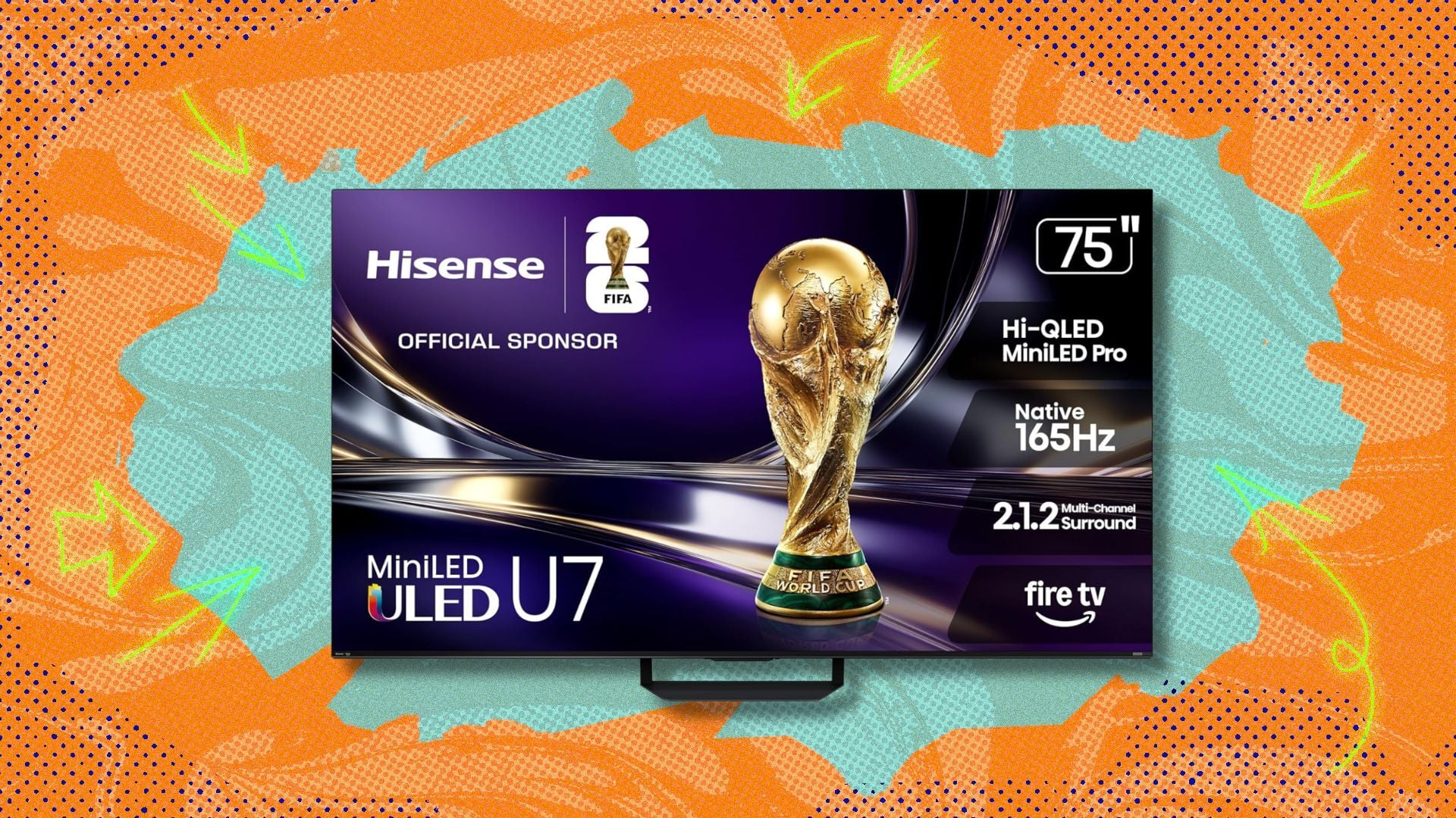 hisense 75-inch u7 mini-led uled 4k tv against an orange and blue patterned background