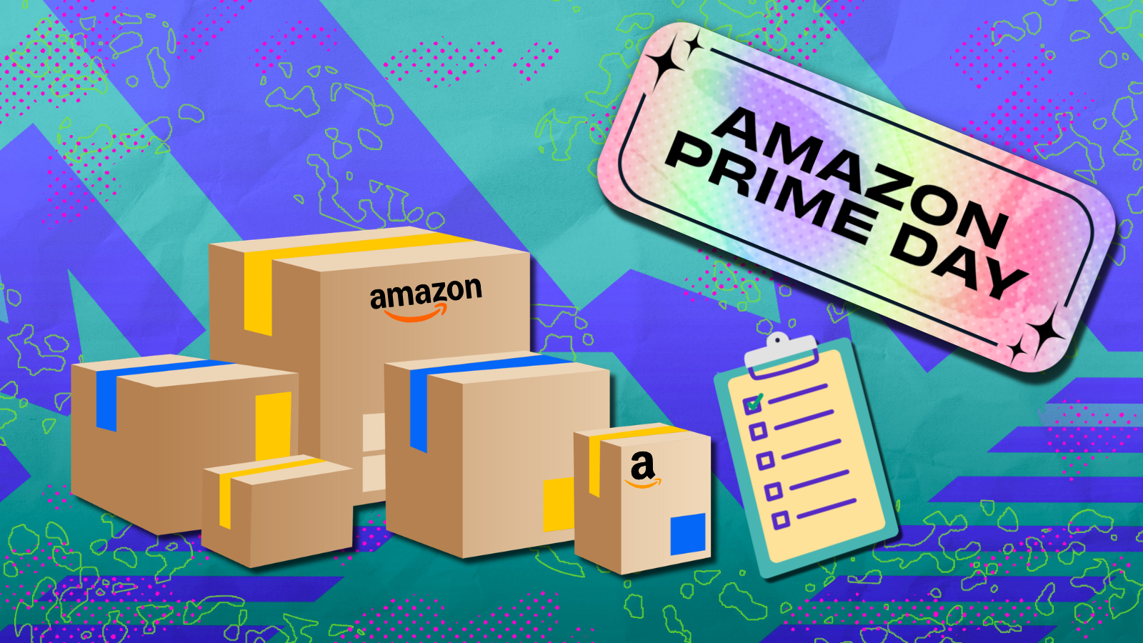 pile of Amazon boxes next to checklist and Amazon Prime Day sticker with blue abstract background