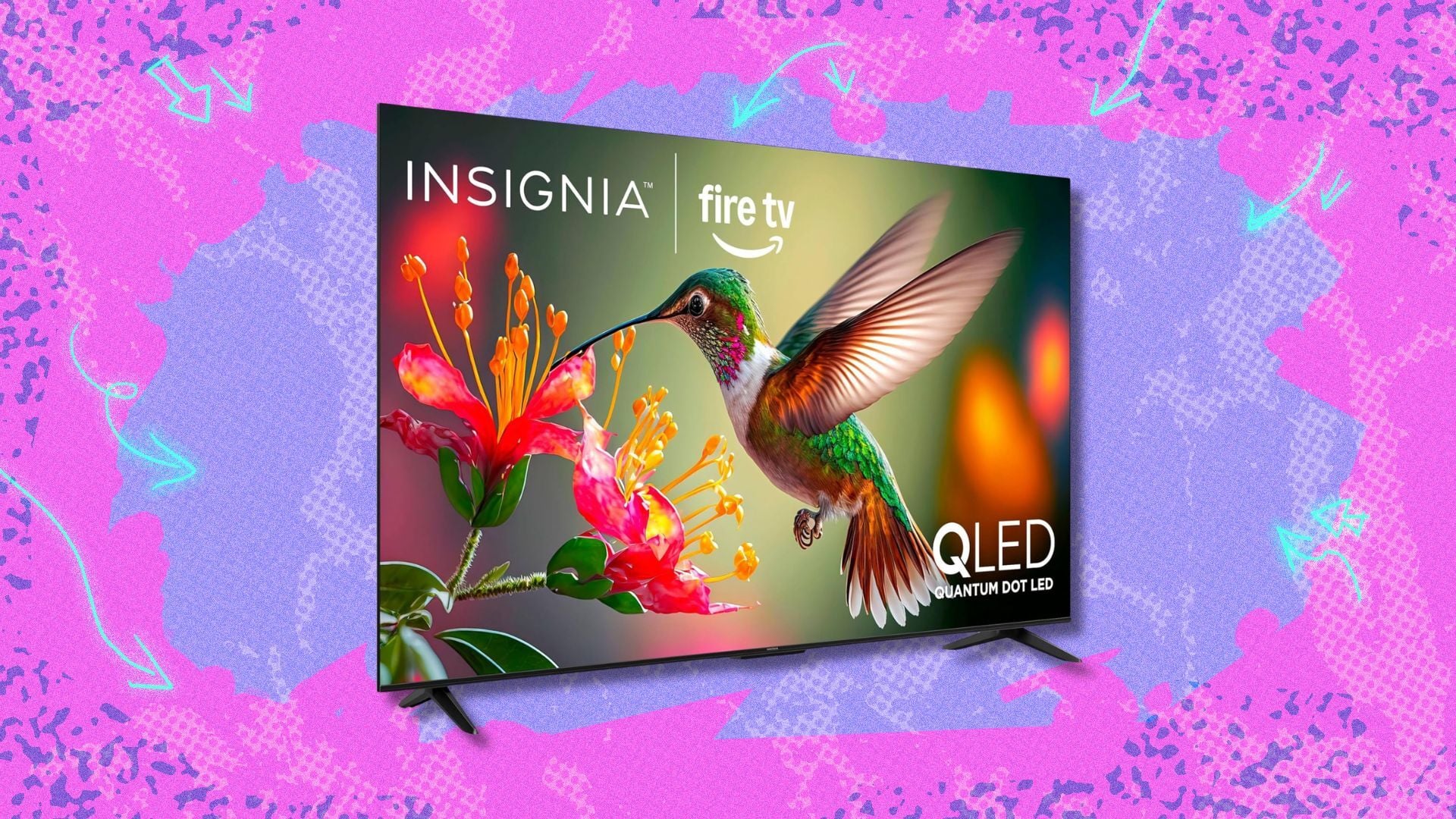 insignia 65-inch class qf led 4k qled tv against a pink and purple patterned background