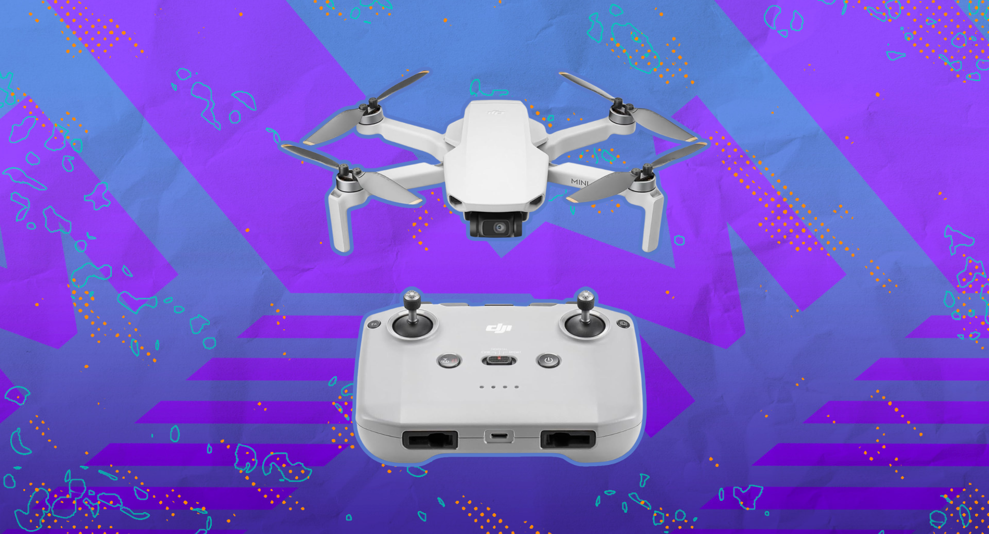 The DJI Mini 4K drone against a colorful background.