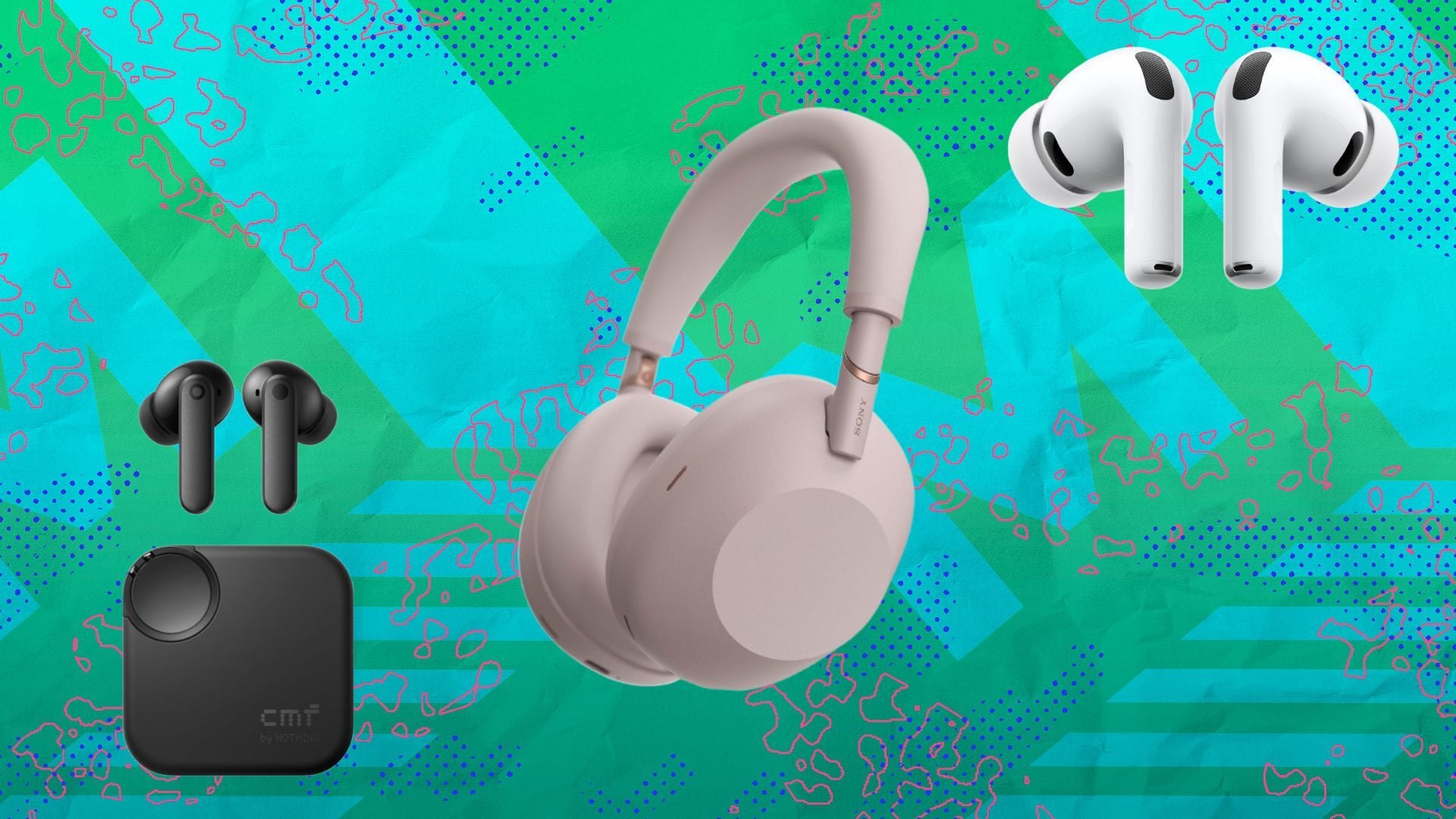 black cmf by nothing earbuds, sony xm6 headphones, and apple airpods pro 3 on blue and green mashable themed background