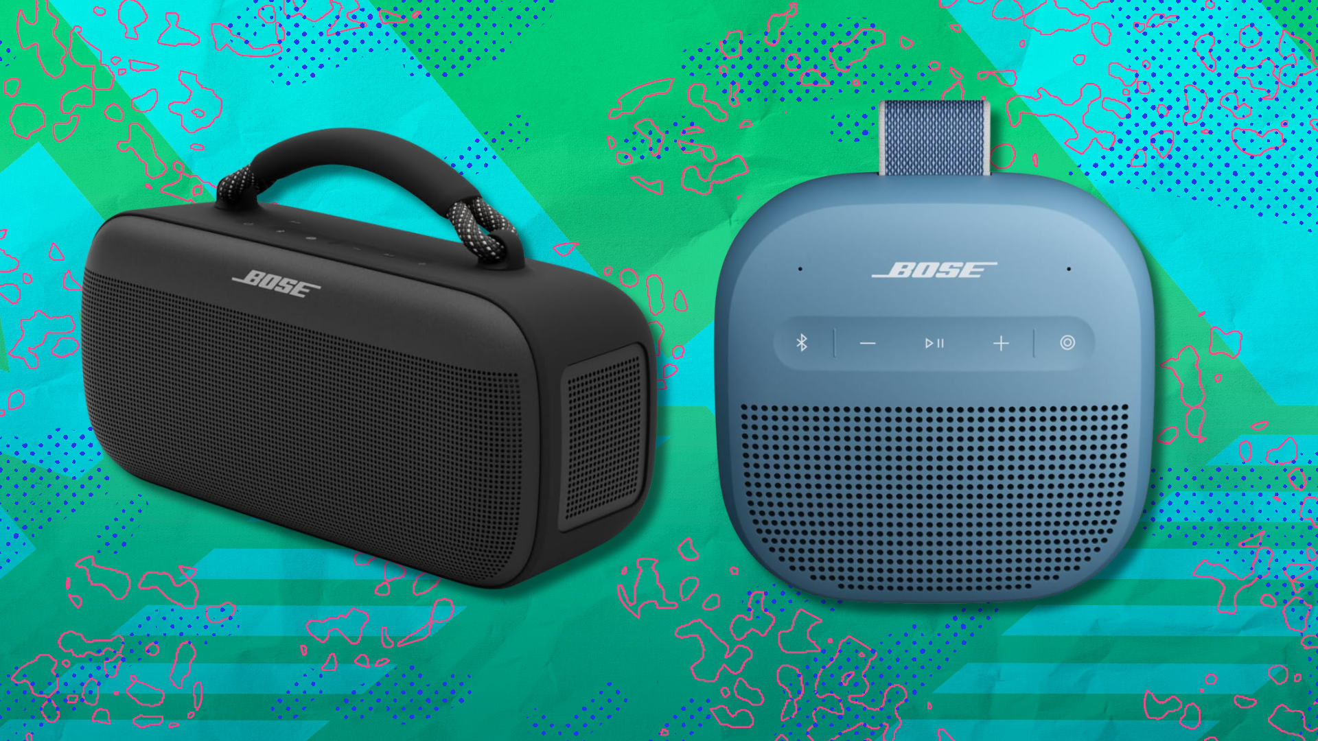 Bose portable speakers on green and light blue abstract background
