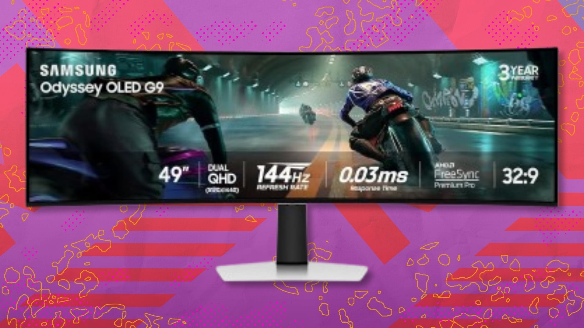 The Samsung 49-inch Odyssey OLED G9 Curved Gaming Monitor on a red and purple background
