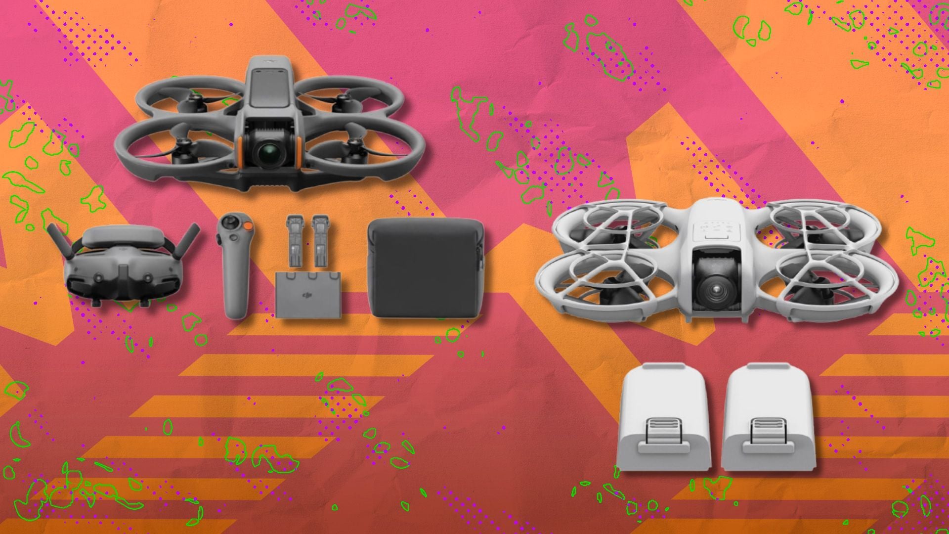 two DJI drones with batteries and controllers on a pink and orange background