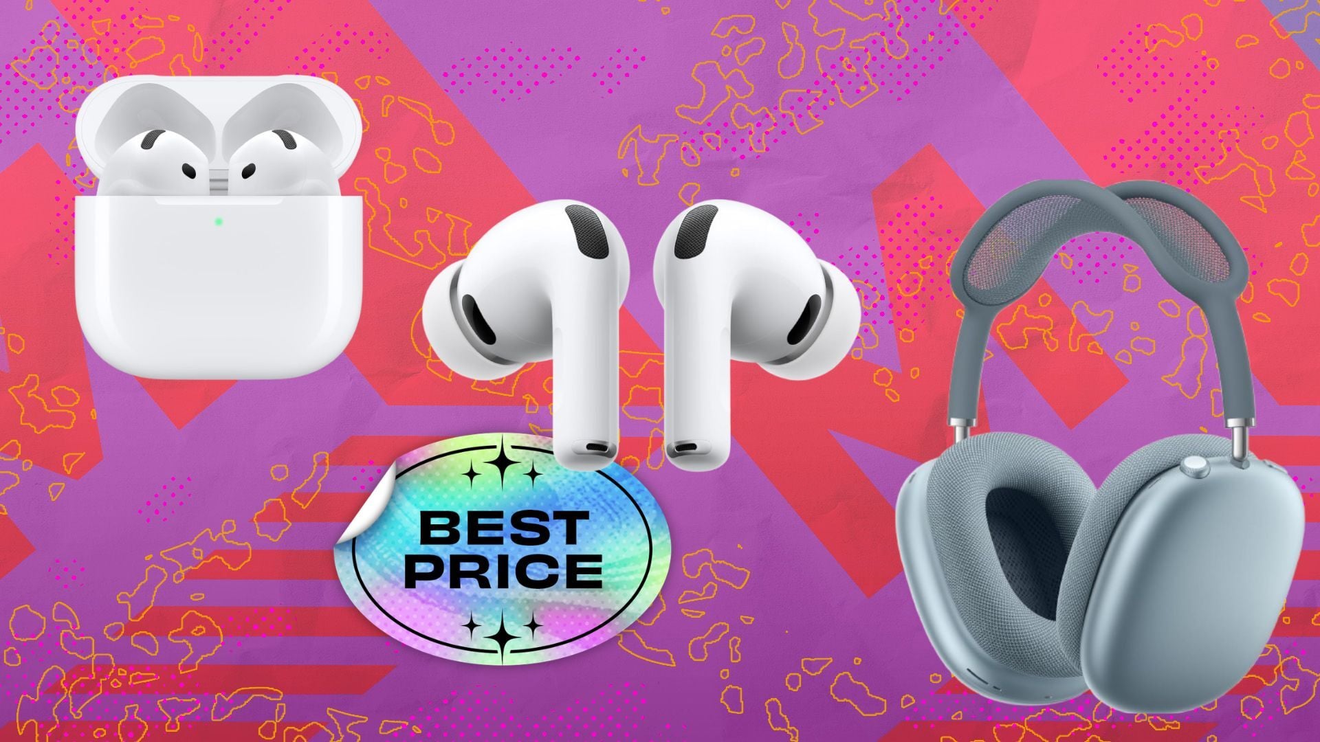 airpods 4, airpods pro 3, and blue airpods max 2 on pink and purple mashable background