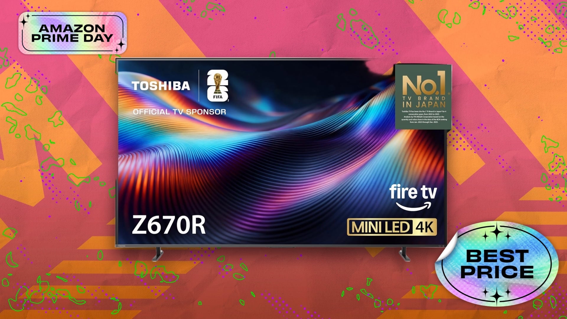 Toshiba 85 inch Mini-LED 4K Smart Fire TV on composite background
