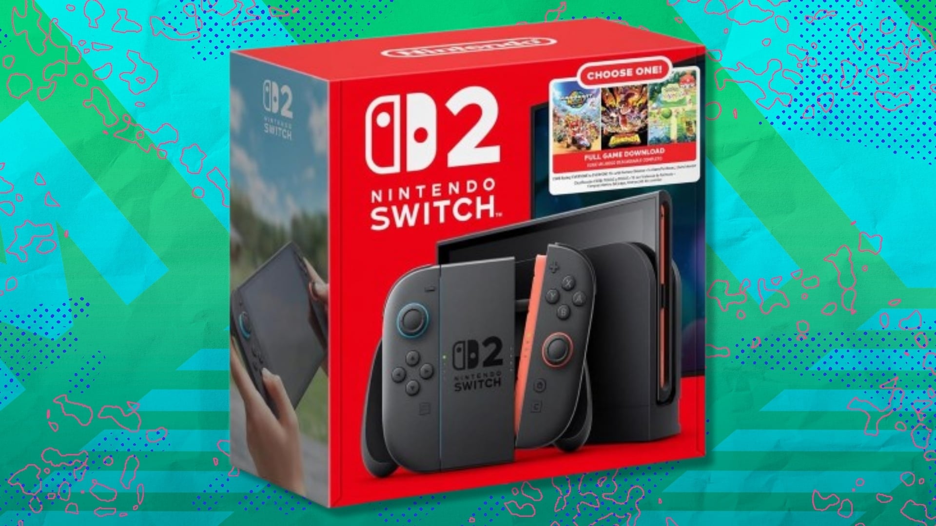 The Nintendo Switch 2: Choose Your Game Bundle on a green and blue background