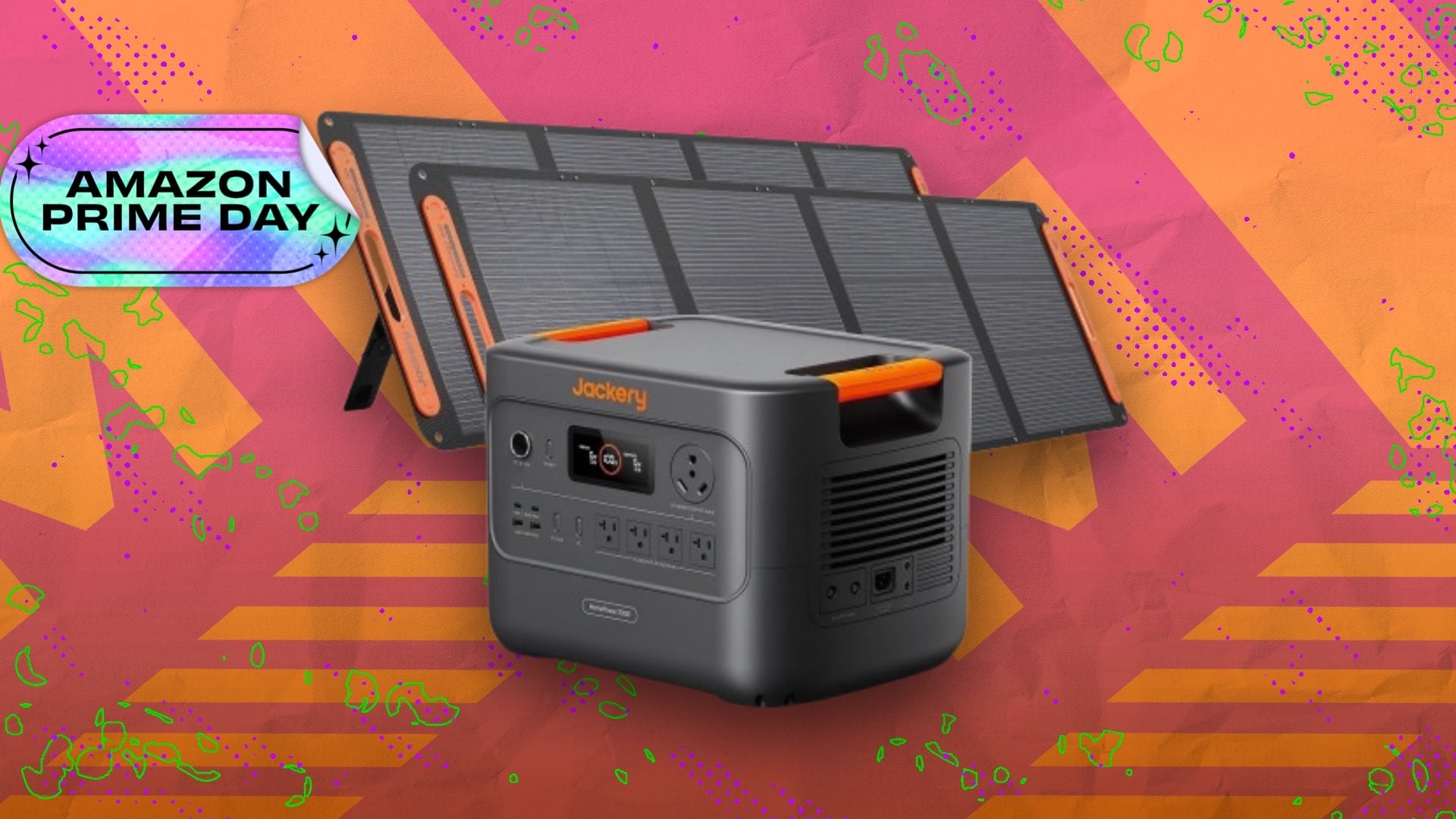 Jackery HomePower 3000 portable power station with two 200W solar panels on composite background