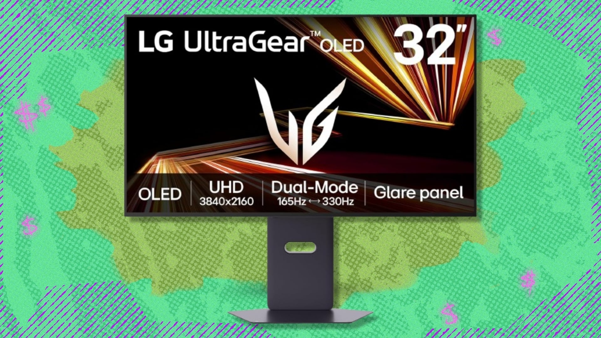 The LG 32-inch UltraGear 4K OLED Gaming Monitor (32GX850A-B) on a green and purple background