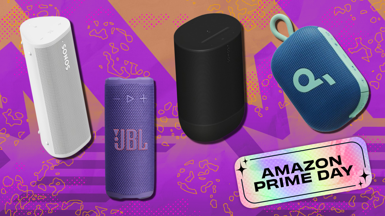 Sonos, JBL, and Anker Soundcore speakers with amazon prime day sticker and purple background