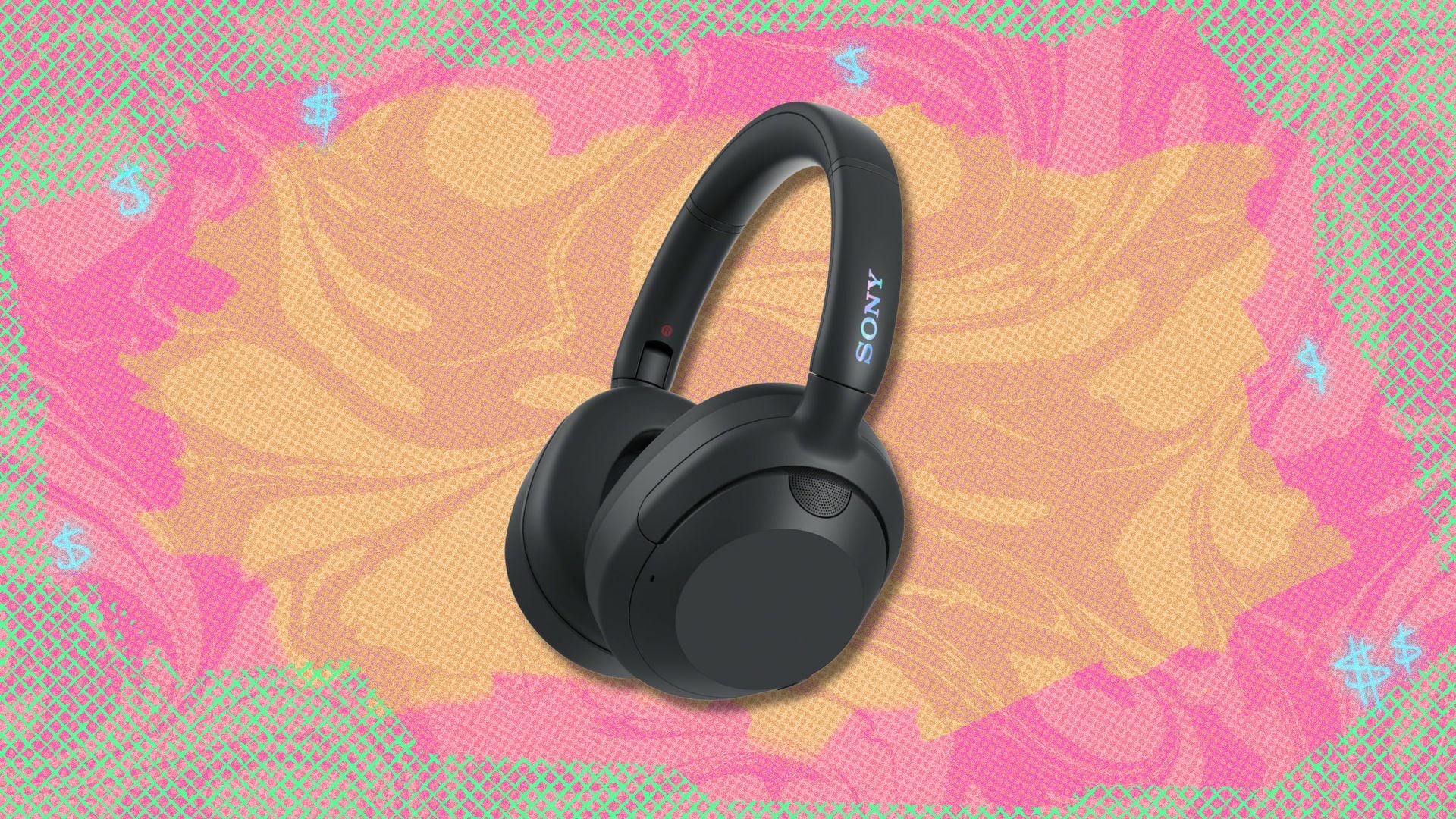 sony ult wear headphones against a yellow, pink, and green patterned background