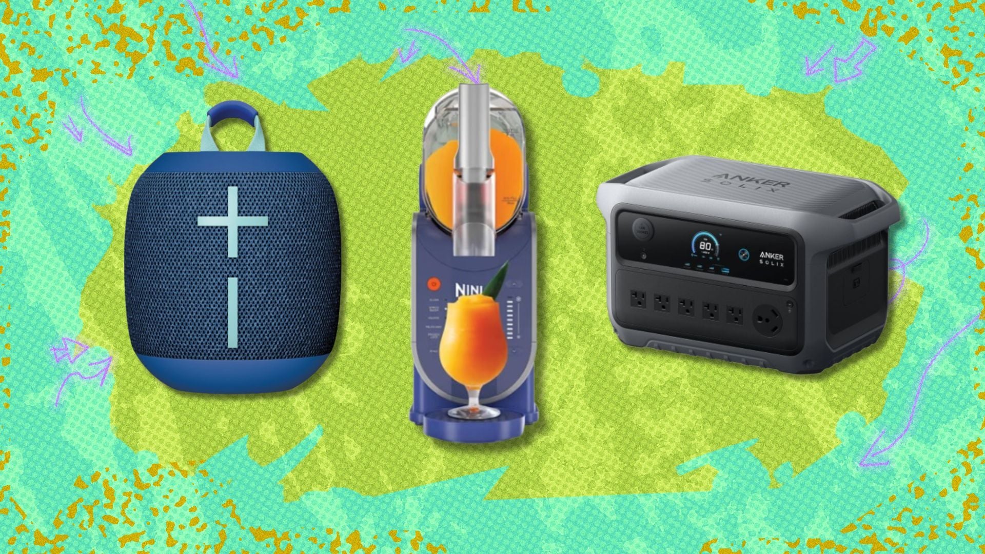 the ultimate ears wonderboom 4 speaker, the ninja slushi, and the anker solix c2000 gen 2 on a green background