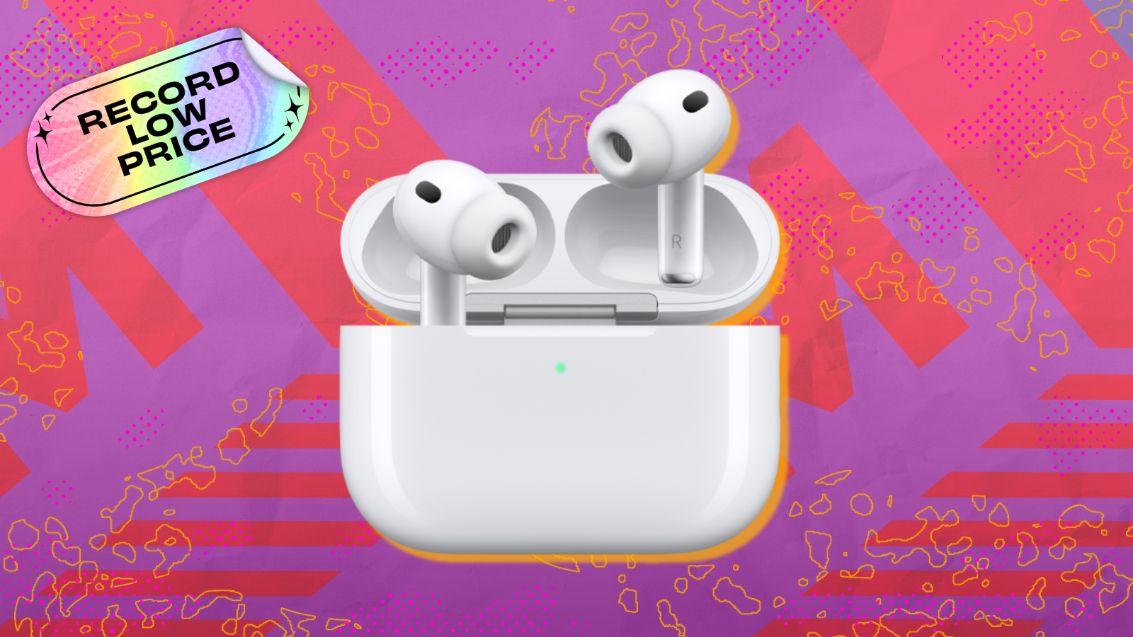 Apple AirPods Pro 3 with colorful background and record low price tag in corner