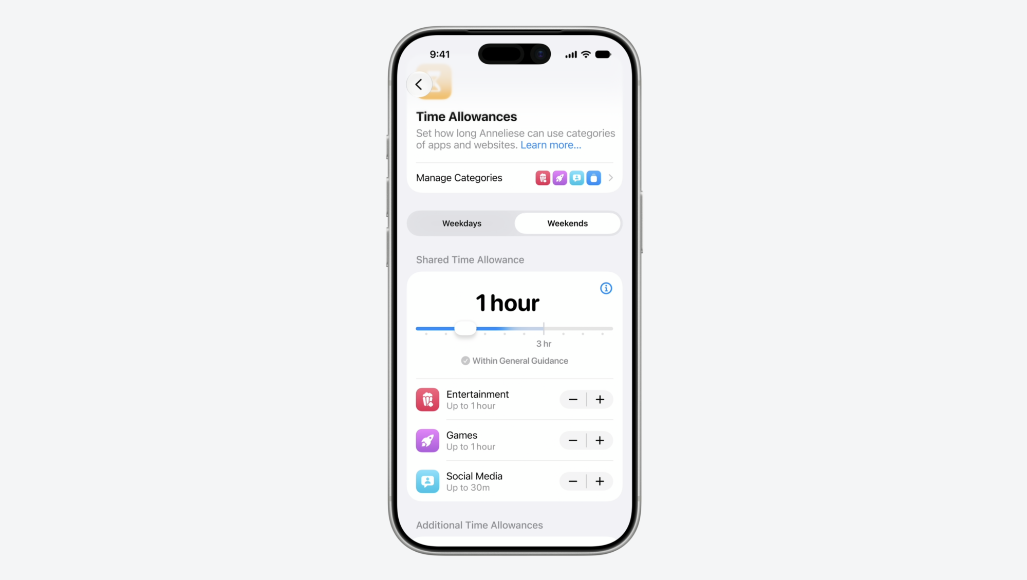 An iPhone displaying new Time Allowance settings.