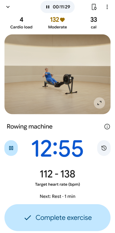 a screenshot of the google health app with an image of a person on a rowing machine