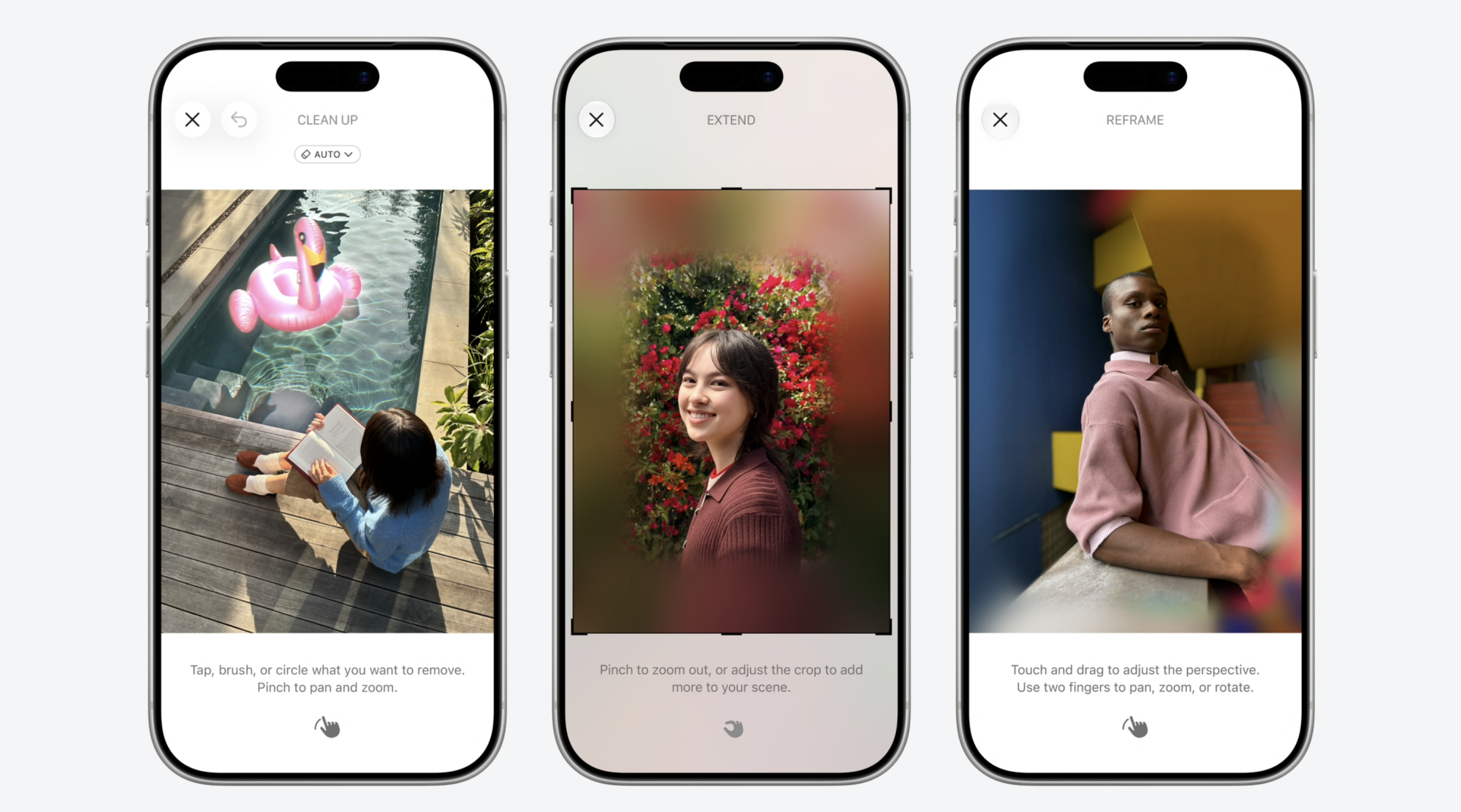 three photos side by side for Apple's Spatial reframing feature