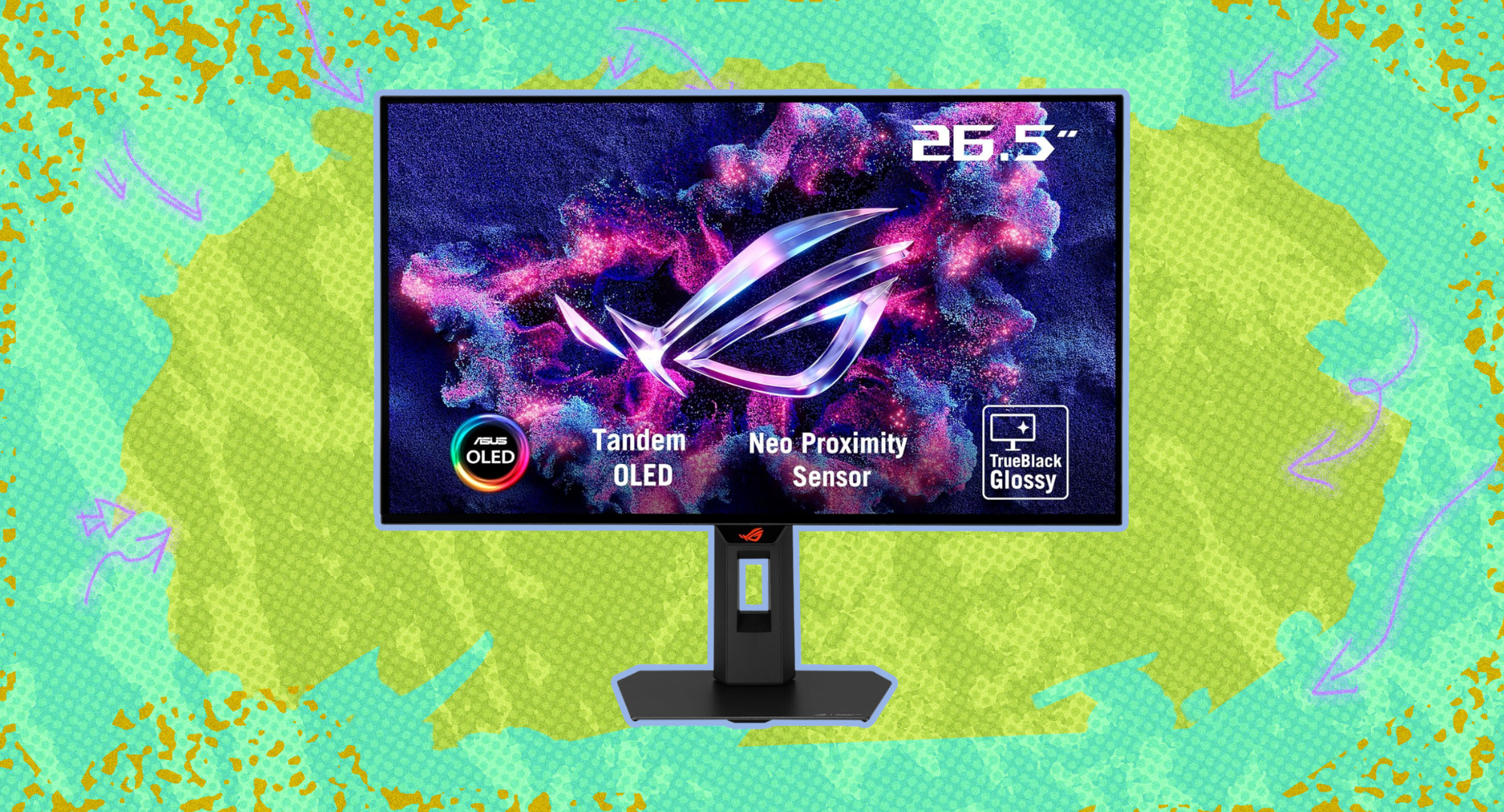 Asus gaming monitor against a colorful background. 