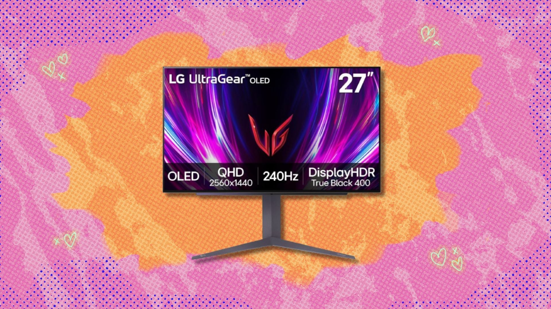 the LG 27-inch Ultragear monitor on a pink and orange background