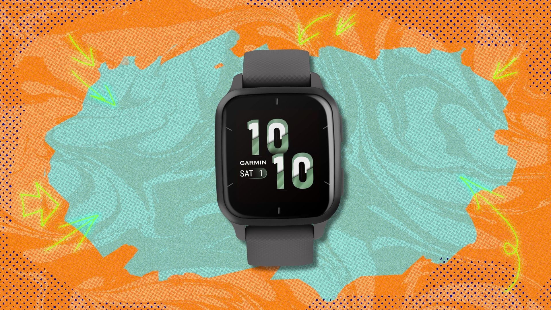 garmin venu sq 2 against an orange and blue patterned background