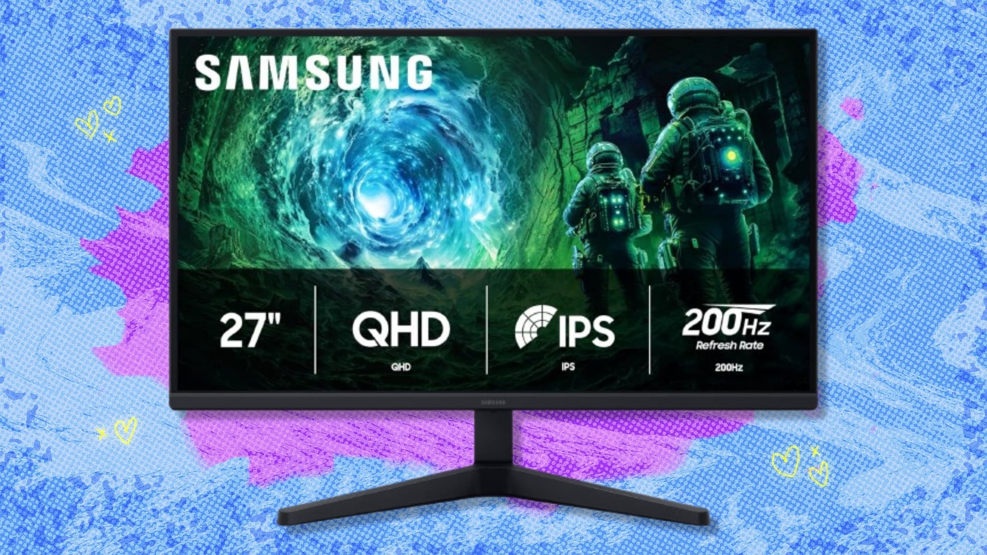 The 27-inch Samsung Odyssey G5 (G53F) gaming monitor on a blue and purple background