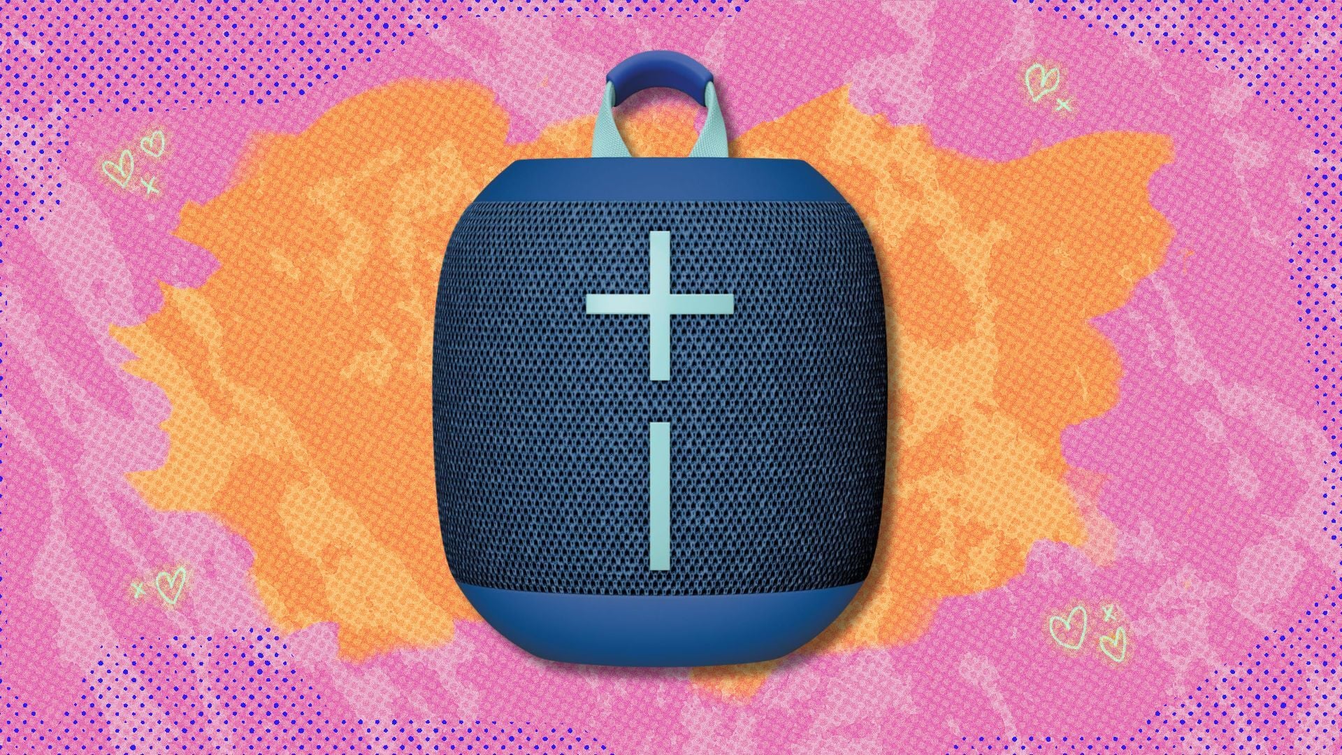 ultimate ears wonderboom 4 portable speaker against a pink and orange patterned background