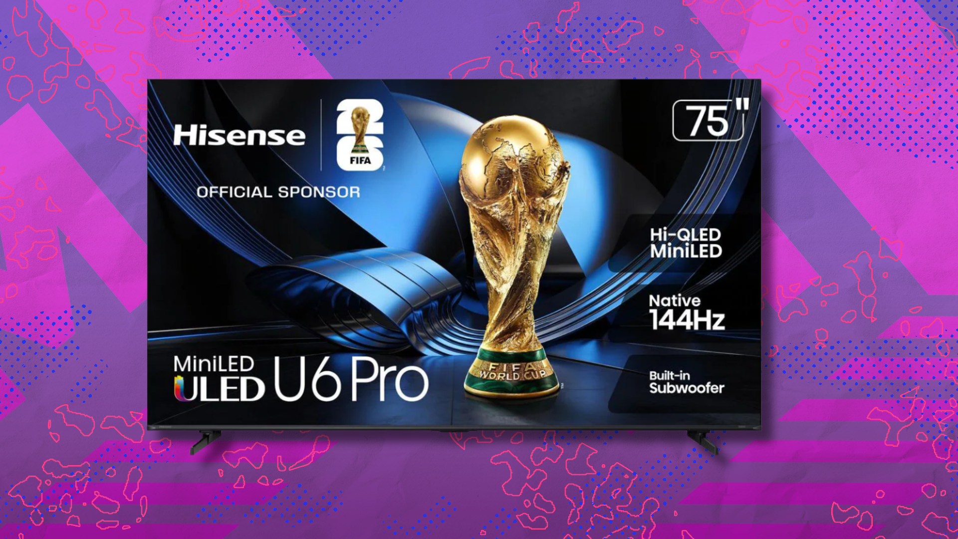 Hisense Mini-LED TV on pink and purple abstract background