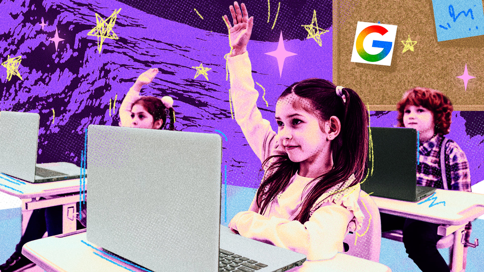 A group of children using laptops in a classroom with illustrated, colorful elements drawn around them.