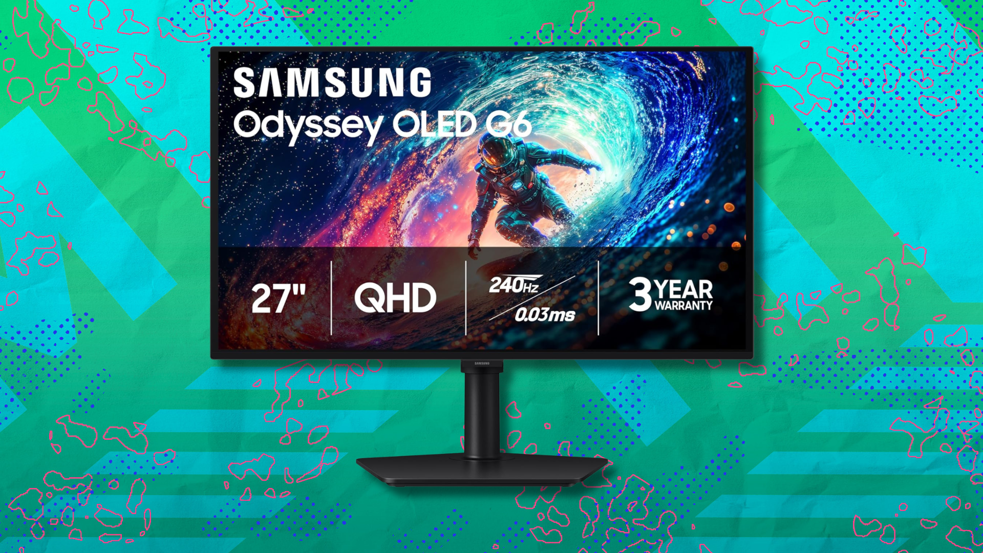 A Samsung Odyssey OLED G6 monitor on a colorful background